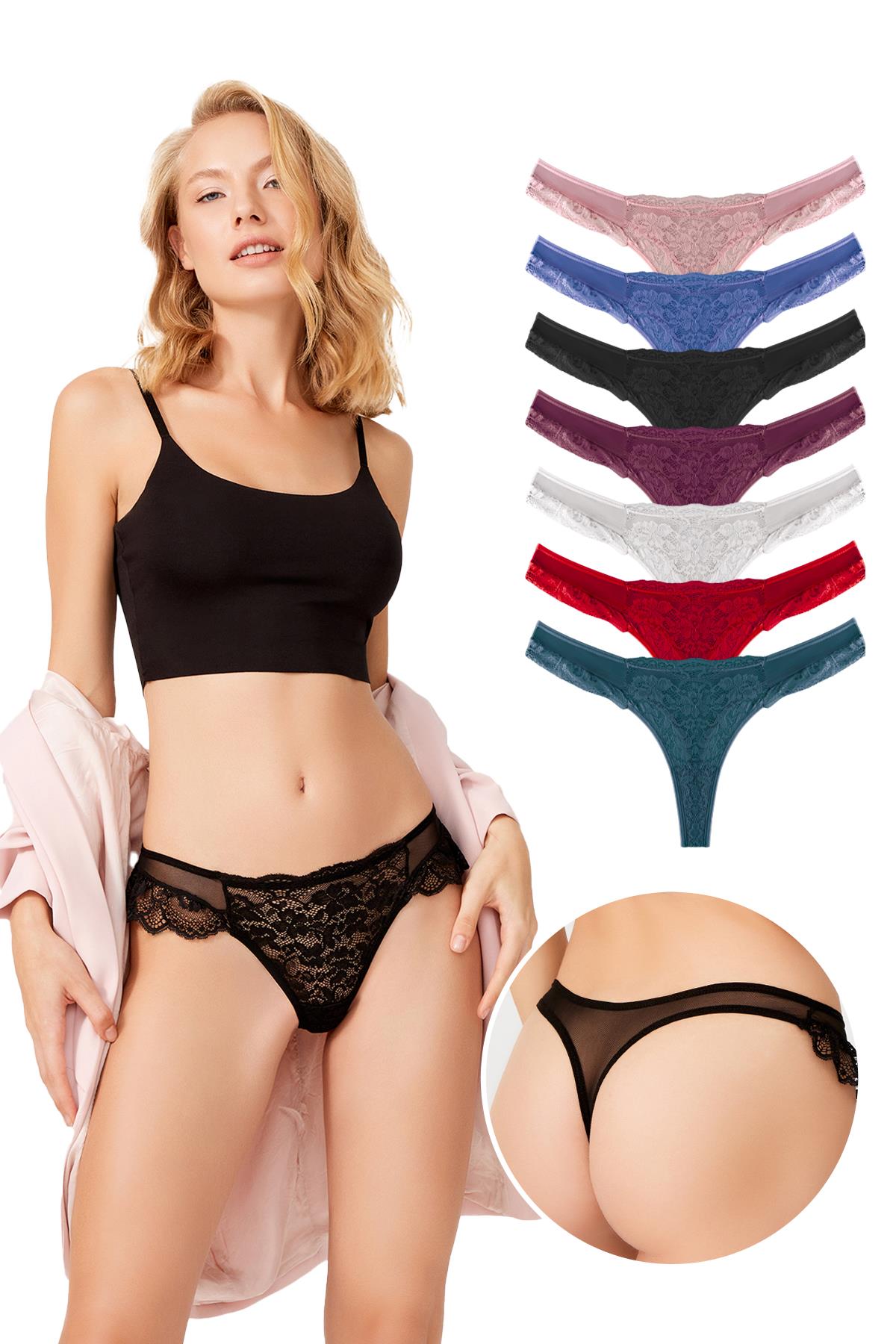 Transparan Dantelli Tül Detaylı Kadın Tanga Külot 7li Paket