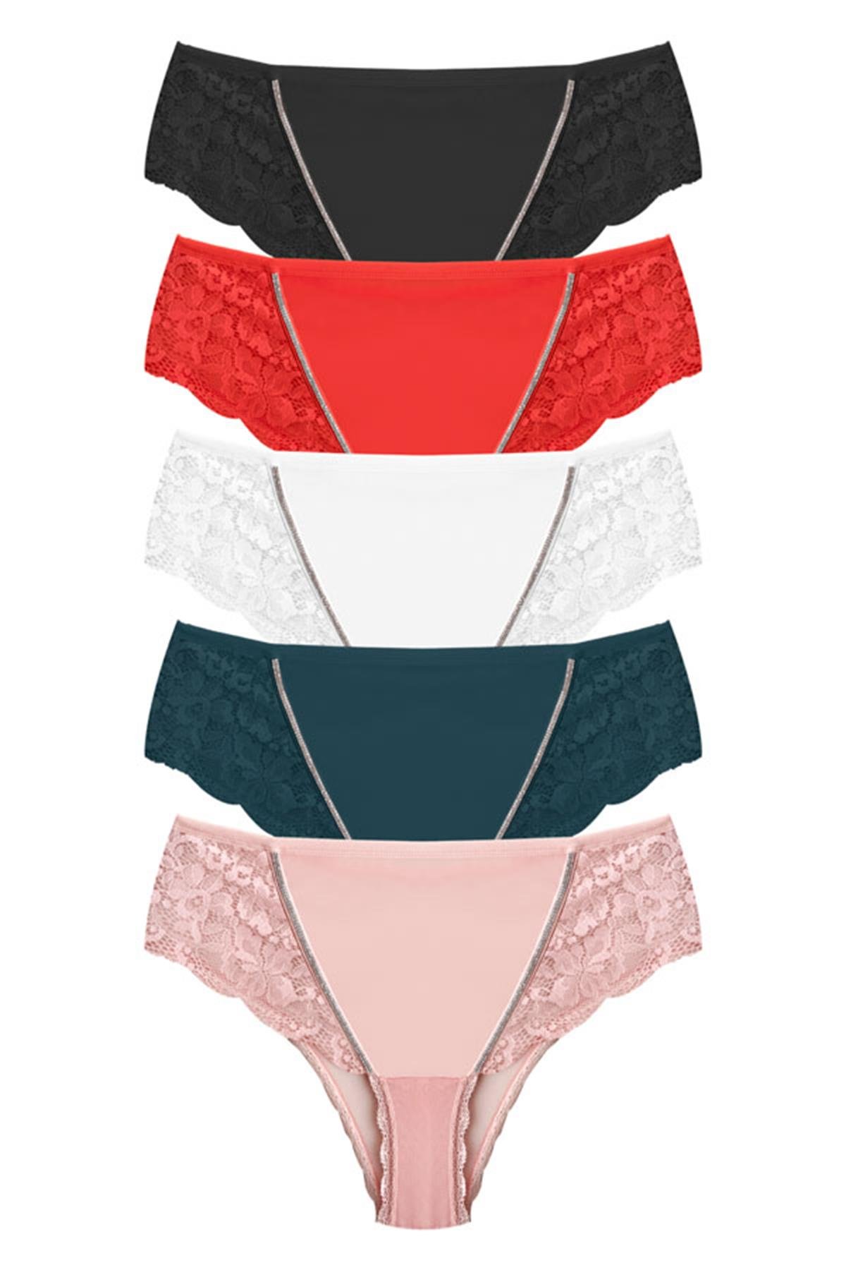 Transparan Tüllü Dantel Detaylı Büyük Beden Kadın Bikini Külot 5li Paket