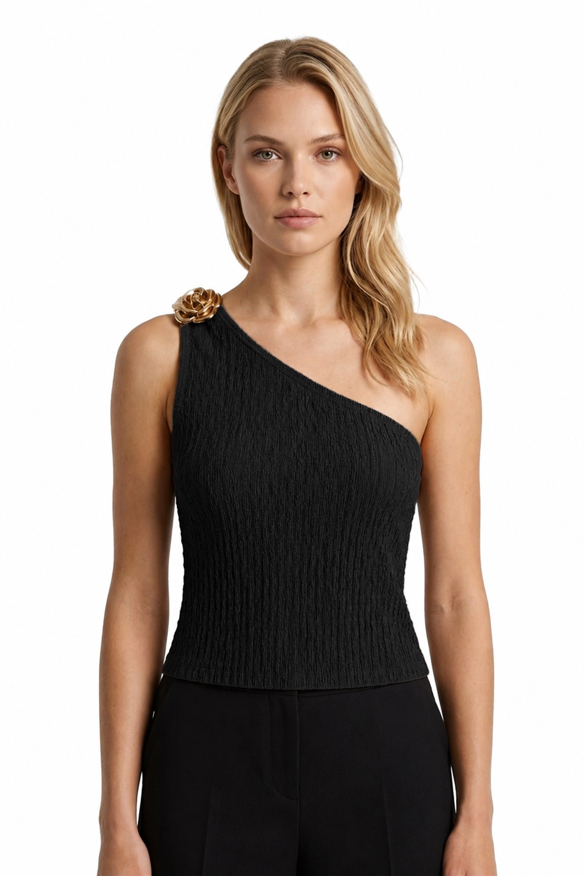 Premium - Tide Collection | Siyah Tek Omuz Çiçek Aksesuarlı Bürümcük Dokulu Kadın Crop Bluz