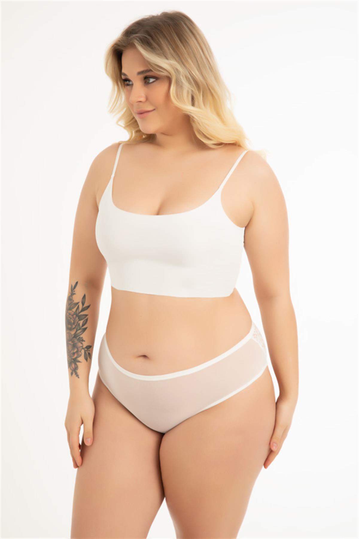 Transparan Tüllü Dantel ve Taş Detaylı Özel Bölgesi Açık Büyük Beden Kadın Tanga Külot 3lü Paket-2