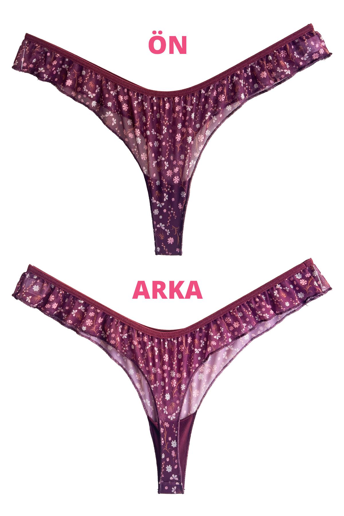 Mürdüm Çiçek Desenli Tül Kenarları Fırfırlı Tanga Külot