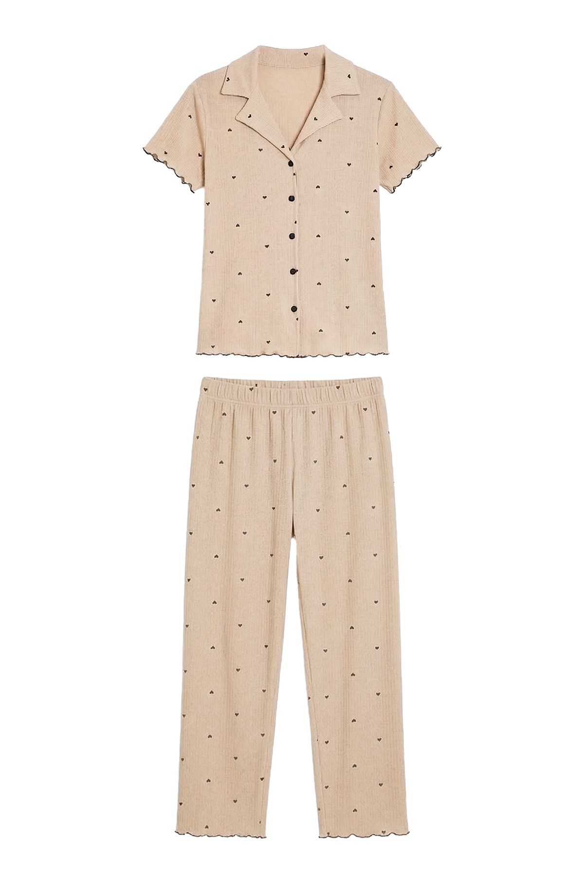 Vizon Kalp Desenli Pointel Gömlek Yaka Kadın Pijama Takımı