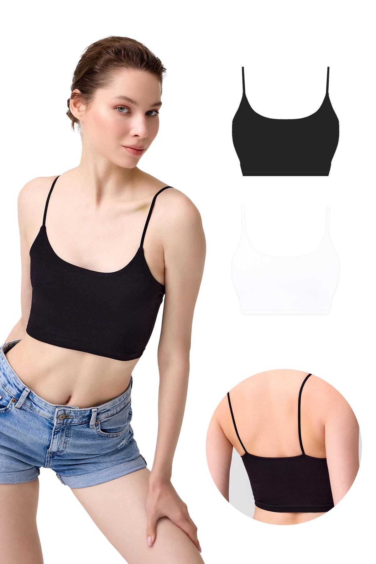 Pamuklu İnce Askılı Kadın Crop Top Büstiyer 2li Paket