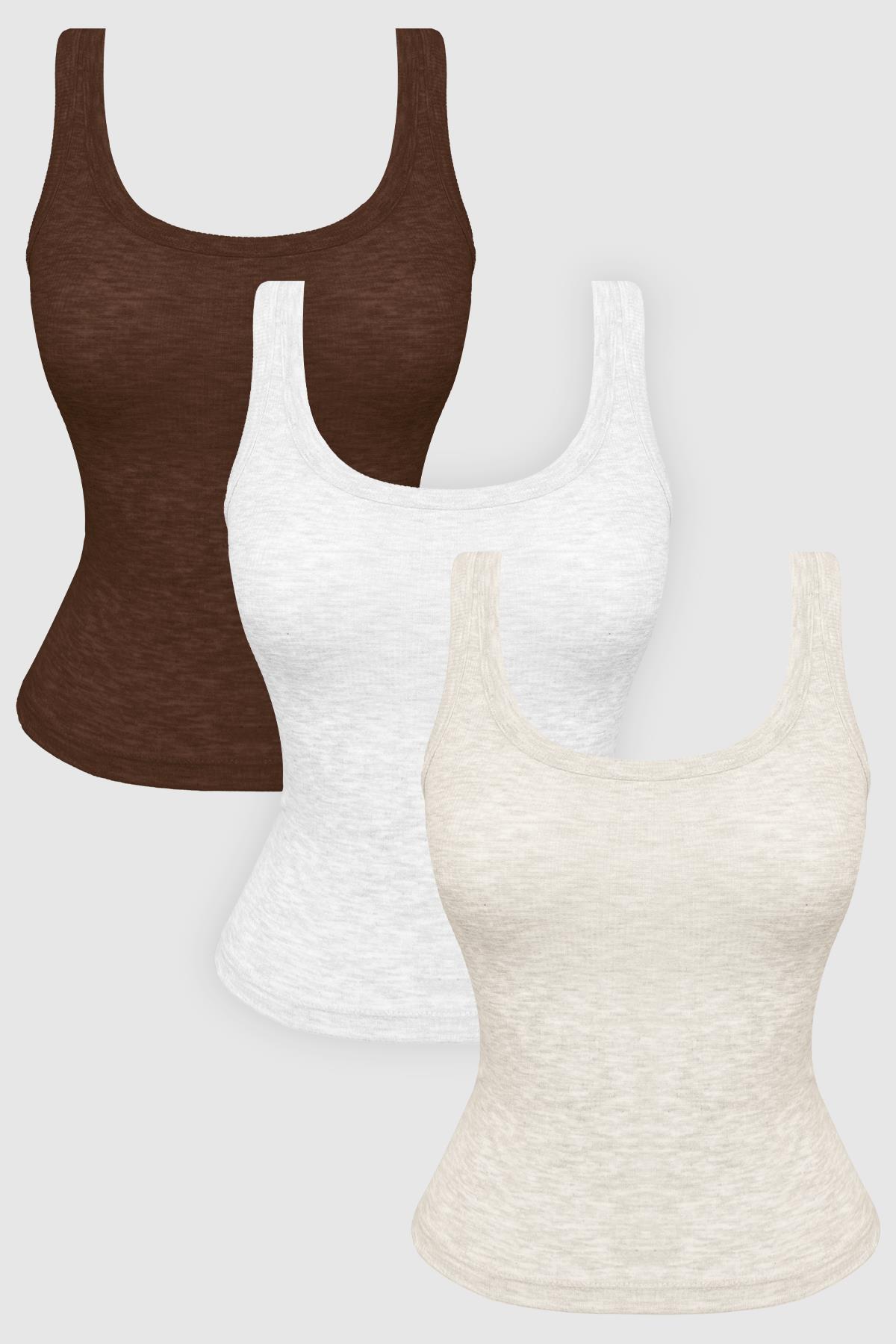 Pamuklu Kalın Askılı Fitilli Kadın Atlet 3lü Paket