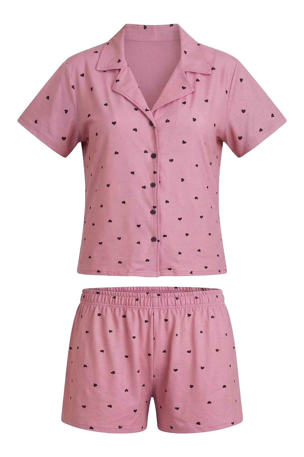 Pembe Kalp Desenli Yumuşak Dokulu Gömlek Yaka Kadın Şortlu Pijama Takımı
