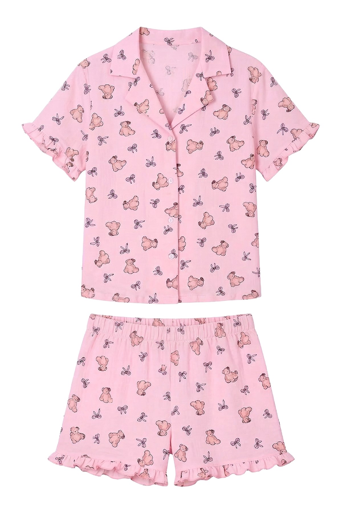 Pudra Ayıcık Desenli Bürümcük Gömlek Yaka Kadın Şortlu Pijama Takımı