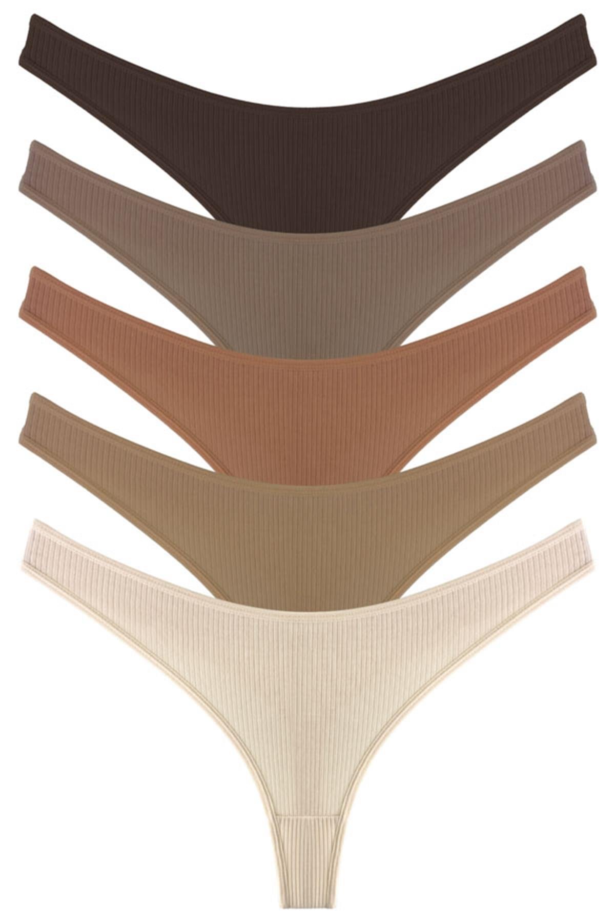 Kadın Pamuklu ve Likrali Fitilli Kaşkorse Tanga Külot 5li Paket-2
