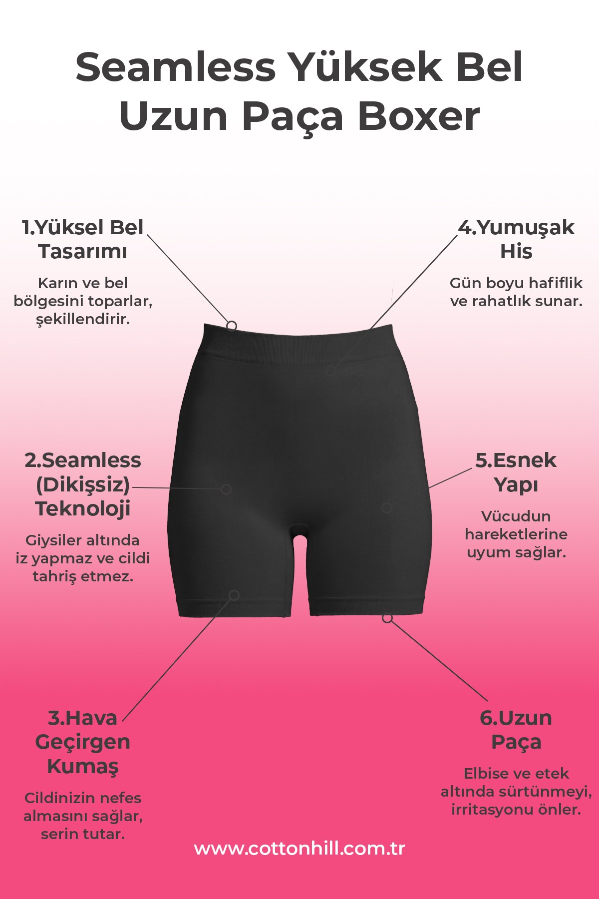 Cottonhill Premium - Kadın Siyah Ultra-Rahat Seamless Yüksek Bel Uzun Paça Boxer