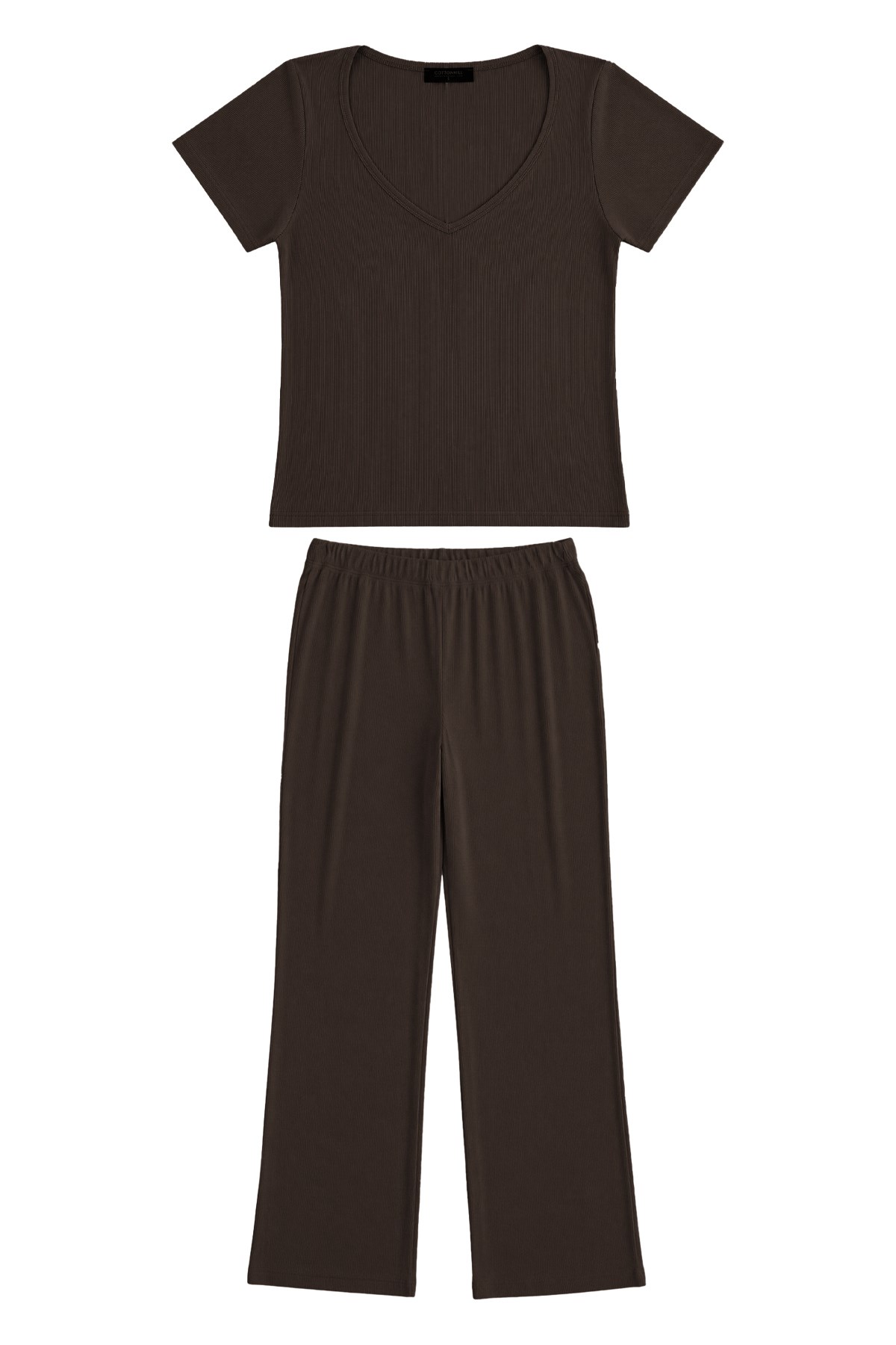 Premium - Neat Collection | Kahverengi Rib Dokulu V Yaka Modal Viskon Bol Paça Kadın Pijama Takımı