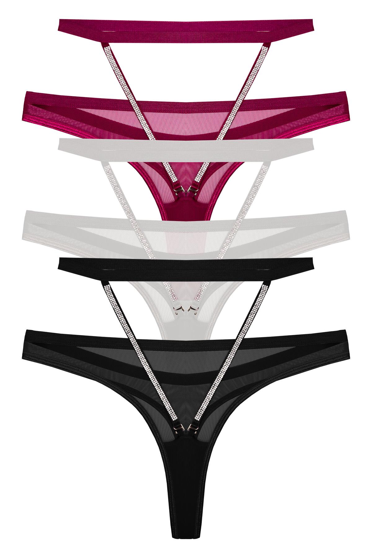 Tül Yüksek Bel Taş Detaylı Kadın Tanga Külot 3lü Paket-2