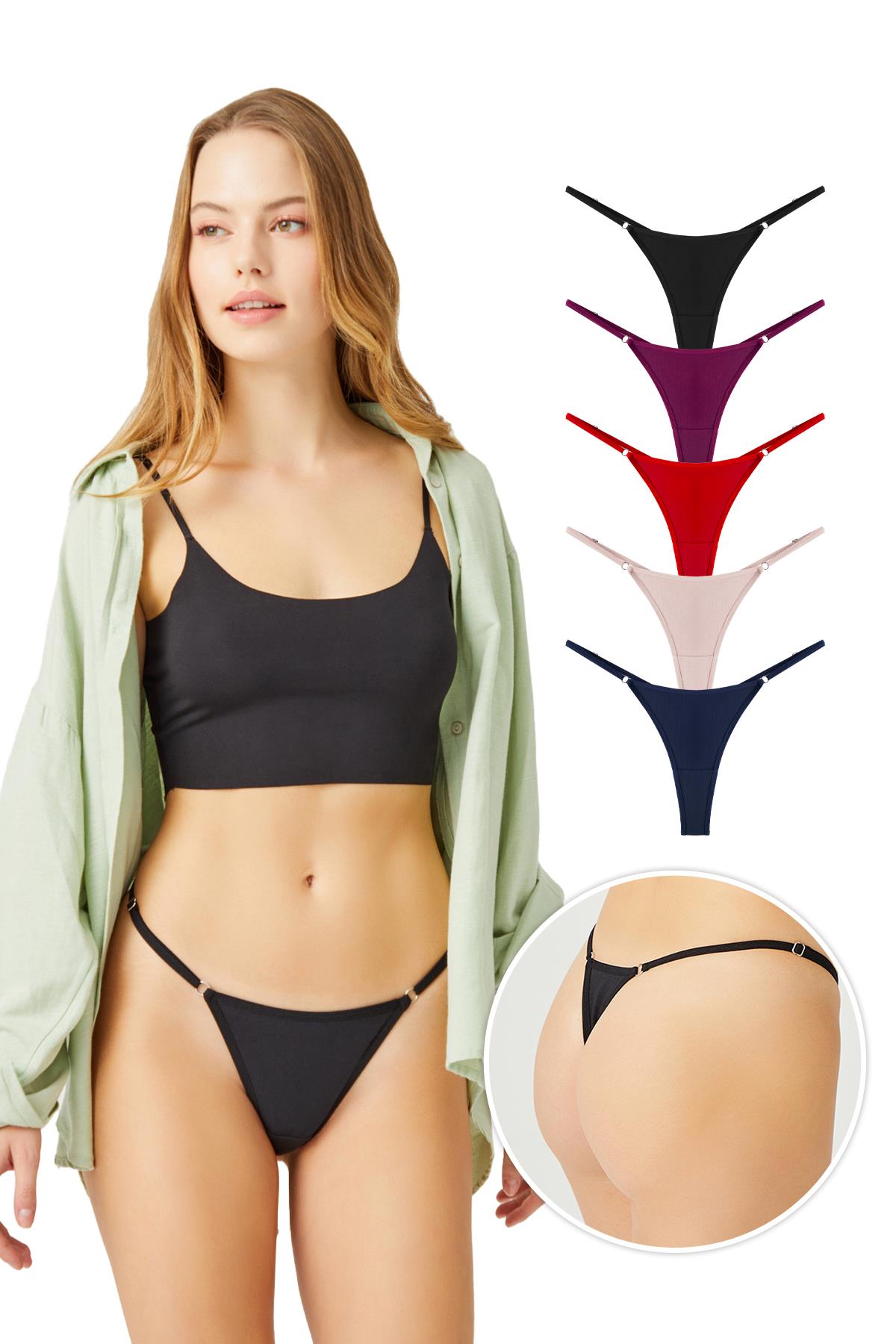 Basic Pamuklu Beli Ayarlanır Kadın Tanga Külot 5li Paket