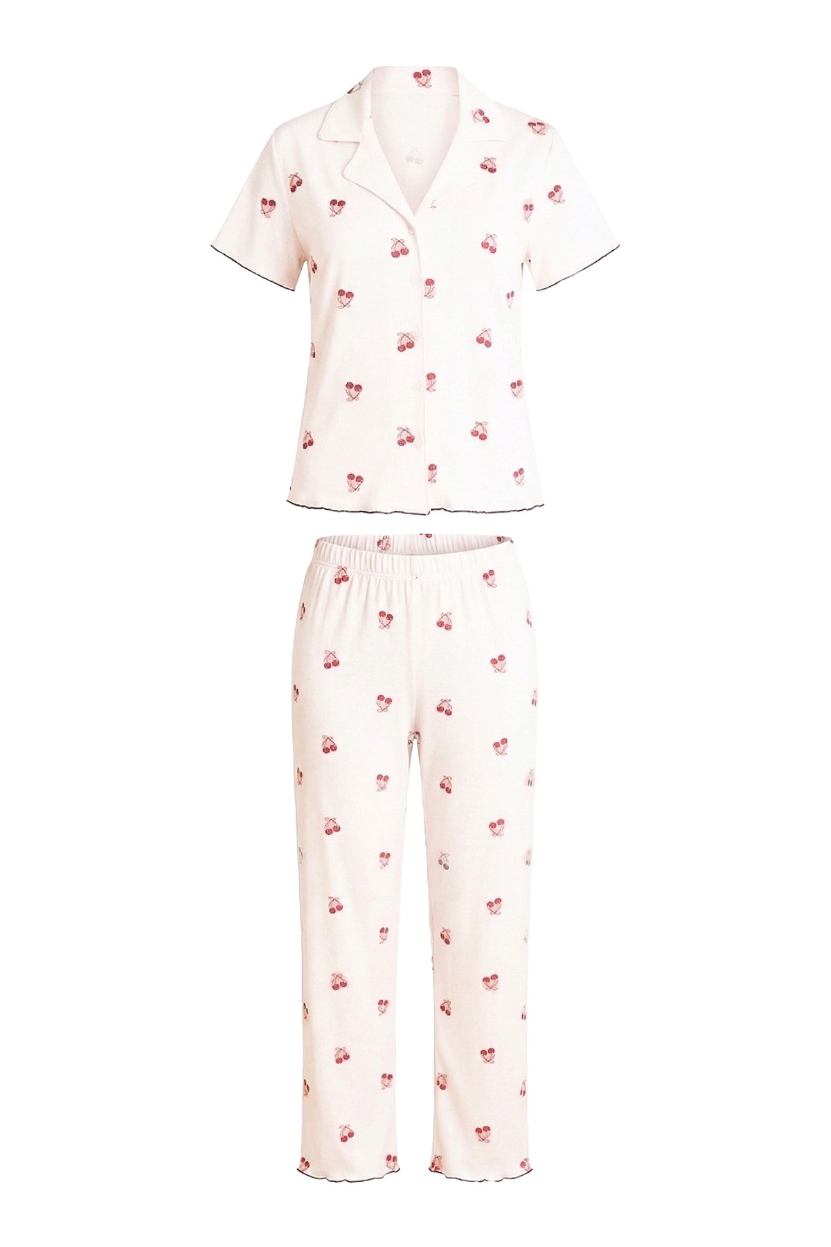 Krem Kiraz Desenli Pointel Gömlek Yaka Kadın Pijama Takımı