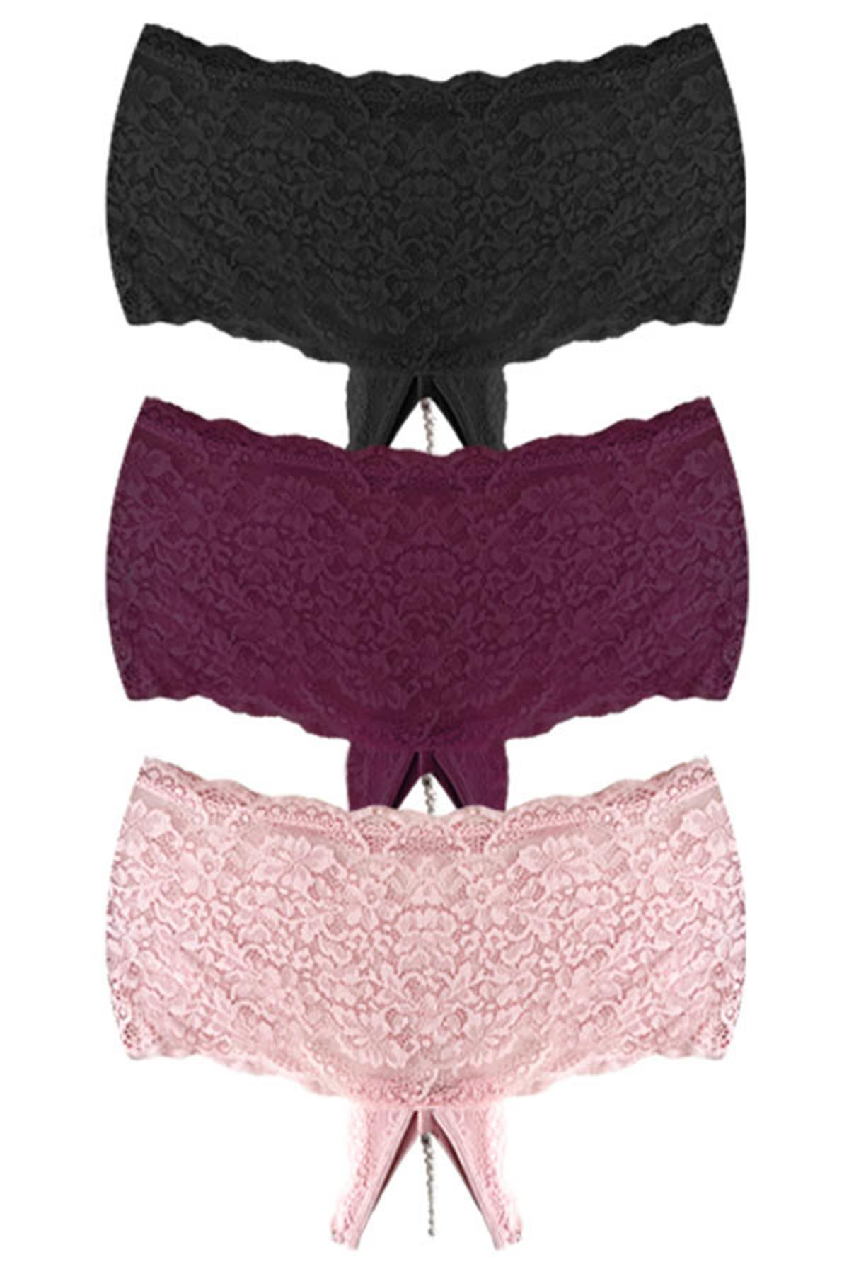 Dantelli Boncuk Detaylı Özel Bölgesi Açık Büyük Beden Kadın Tanga Külot 3lü Paket-2