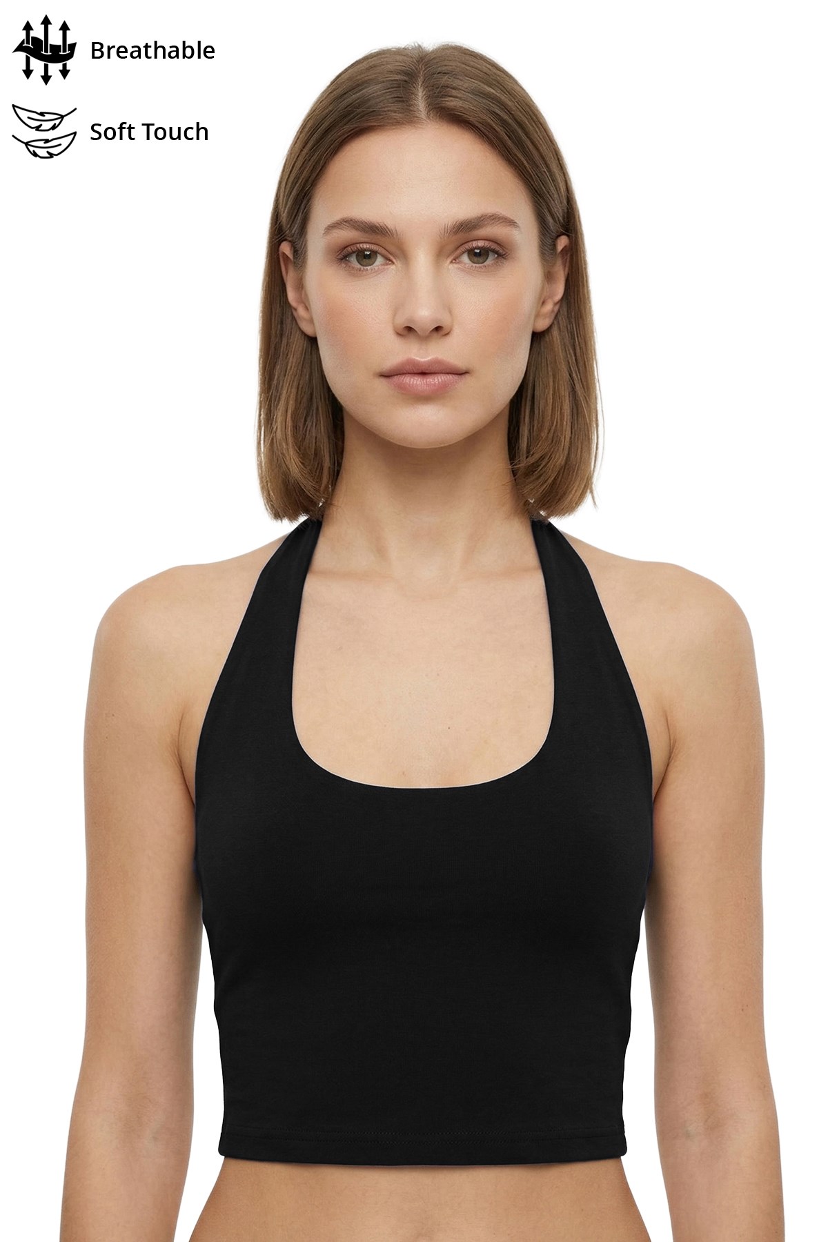 Siyah Viskon Halter Yaka Sırt Dekolteli Kadın Crop Atlet