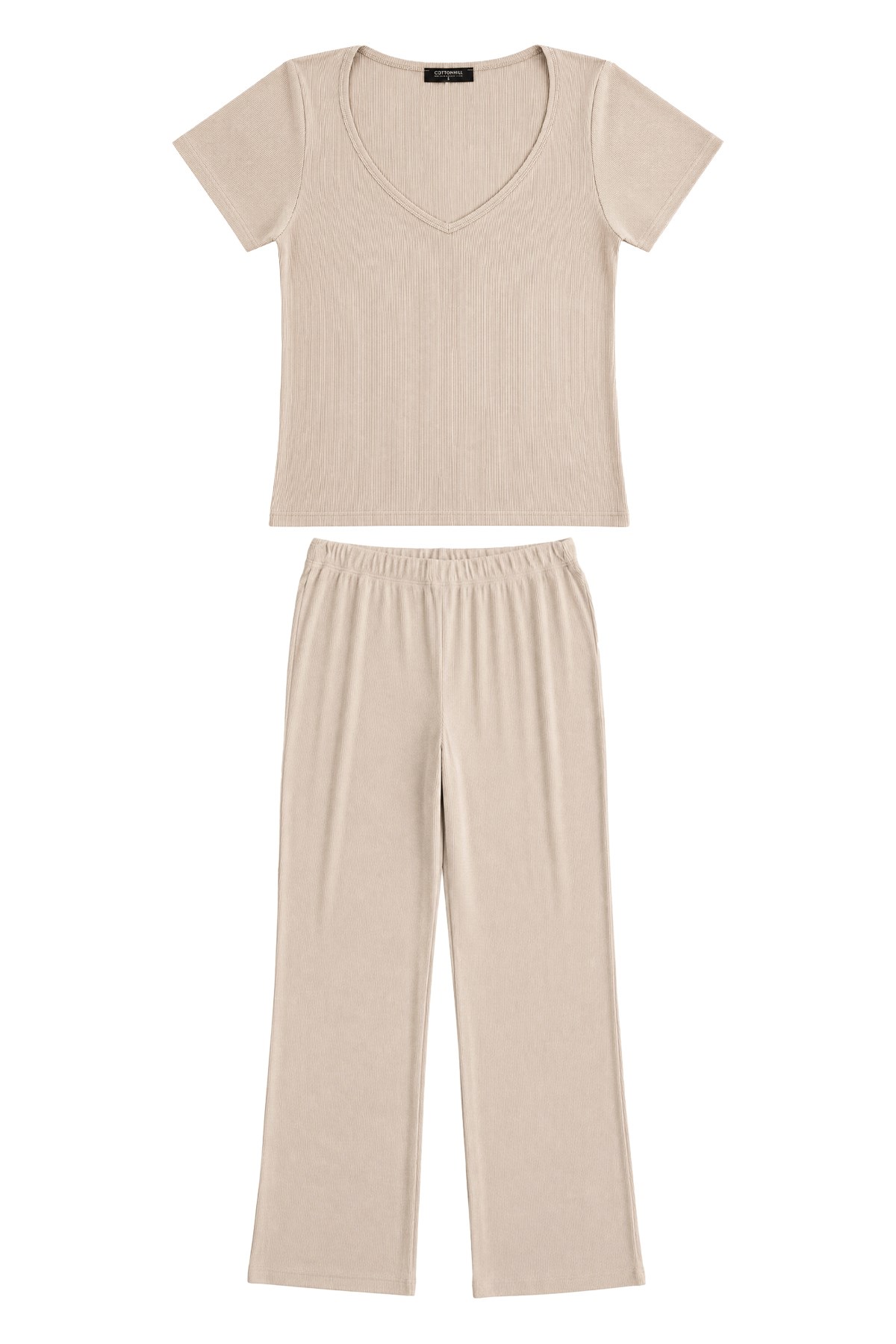 Premium - Neat Collection | Bej Rib Dokulu V Yaka Modal Viskon Bol Paça Kadın Pijama Takımı