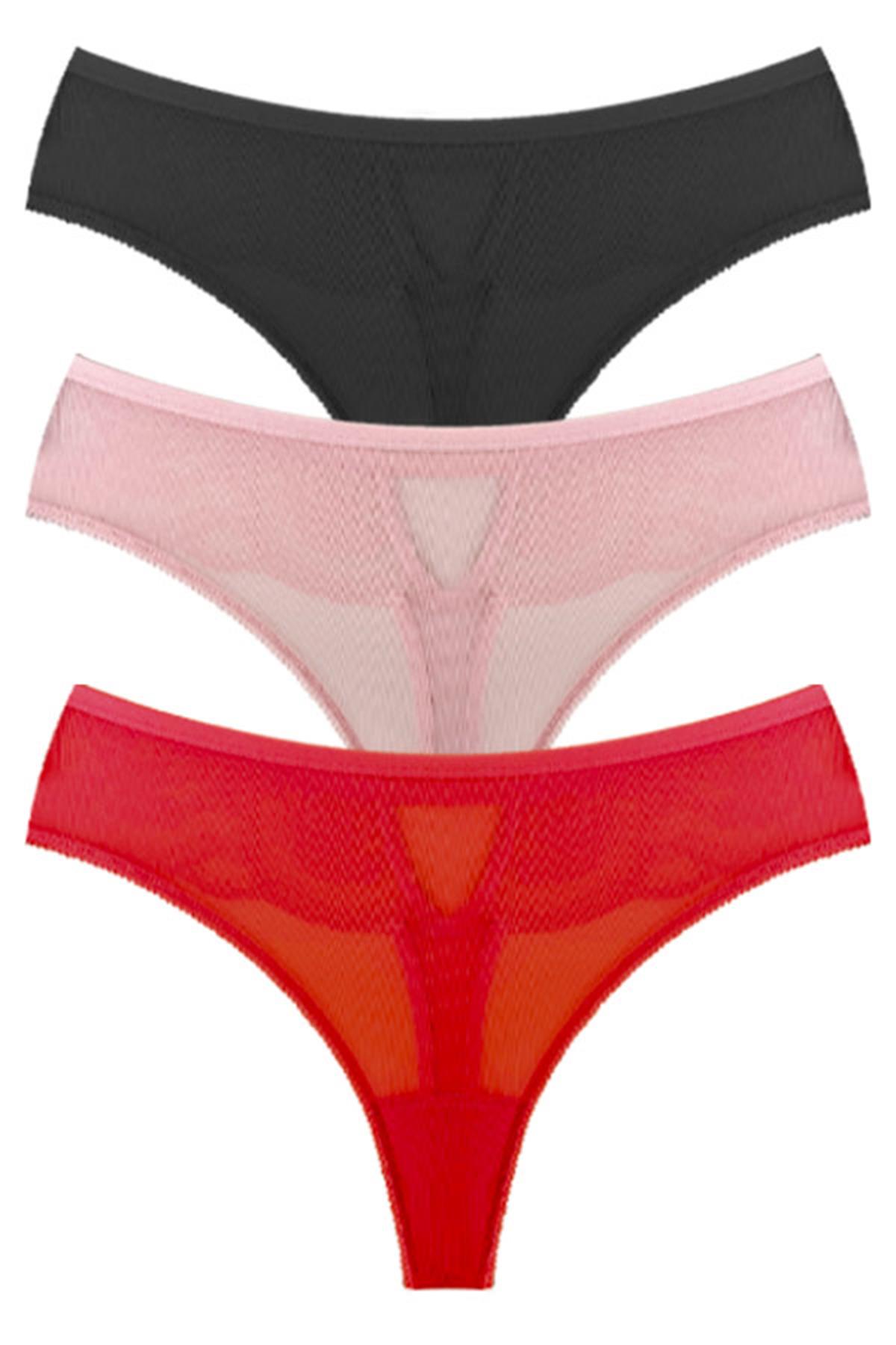 Transparan Tüllü Dantel ve Taş Detaylı Büyük Beden Kadın Tanga Külot 3lü Paket