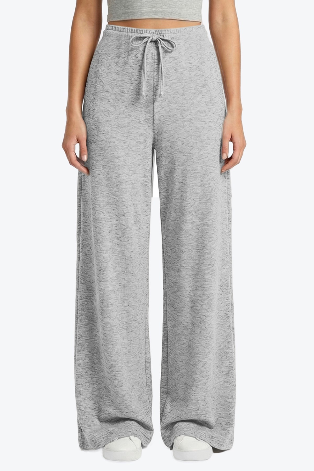 Gri Melanj Viskon Basic Yüksek Bel Bol Paça Bağcıklı Kadın Pantolon