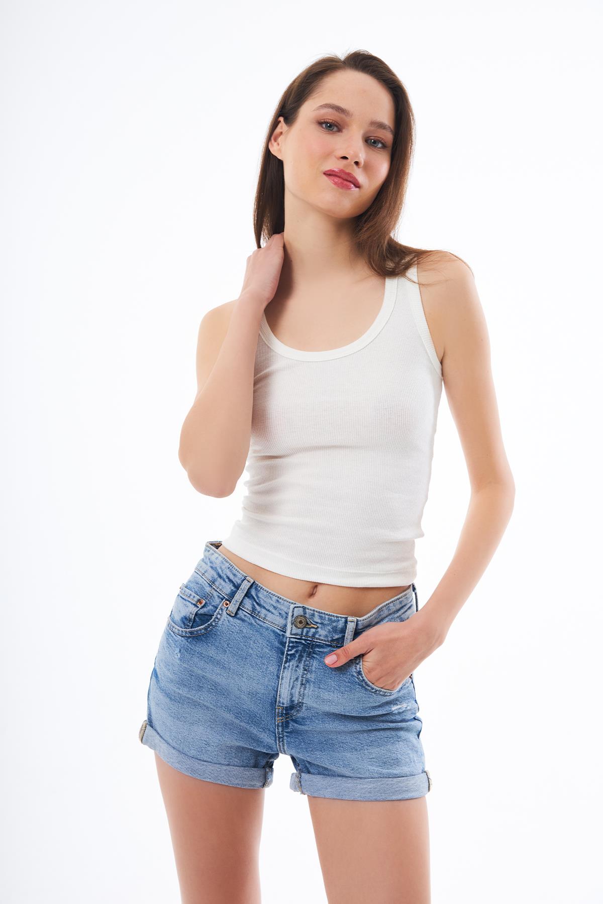 Krem Pamuklu Kalın Askılı Fitilli Kadın Atlet