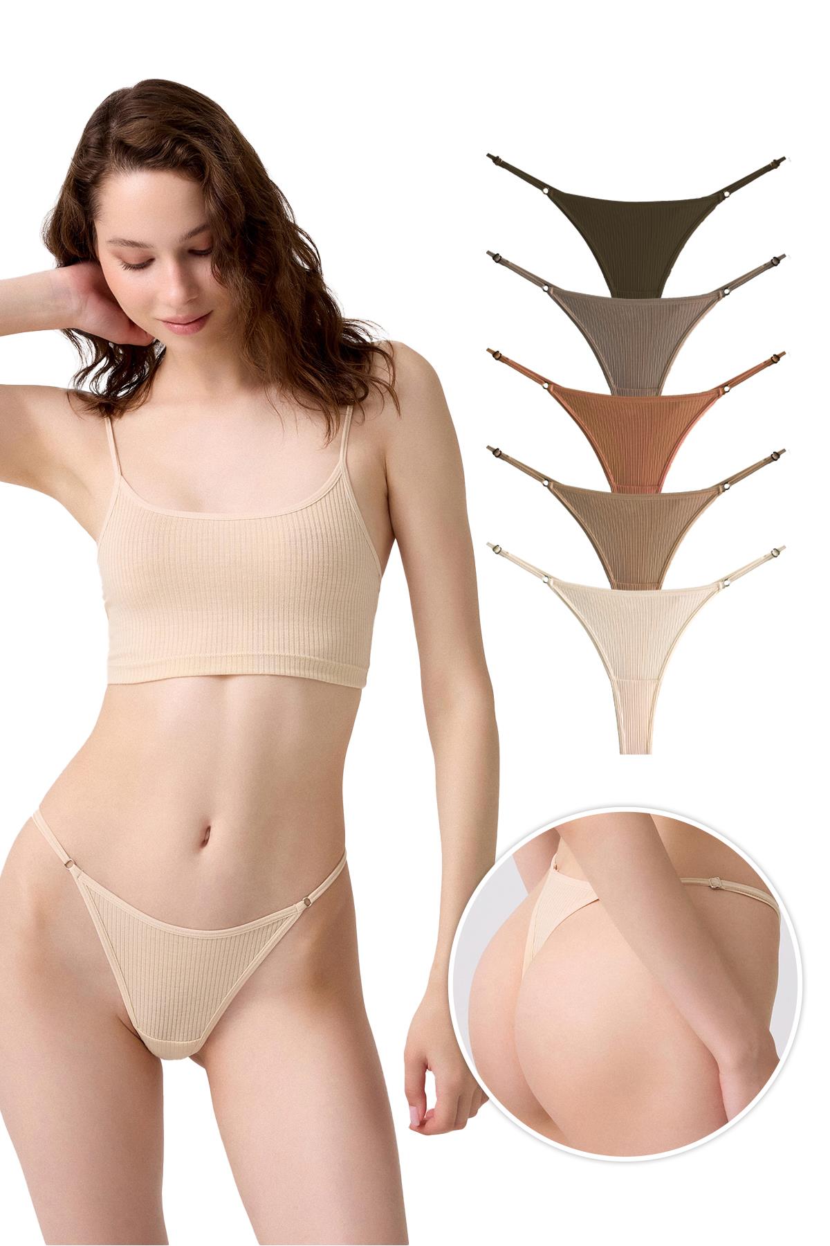 Pamuklu ve Likralı Ayarlanabilir Lastikli Kaşkorse Fitilli Kadın Tanga Külot 5li Paket-2