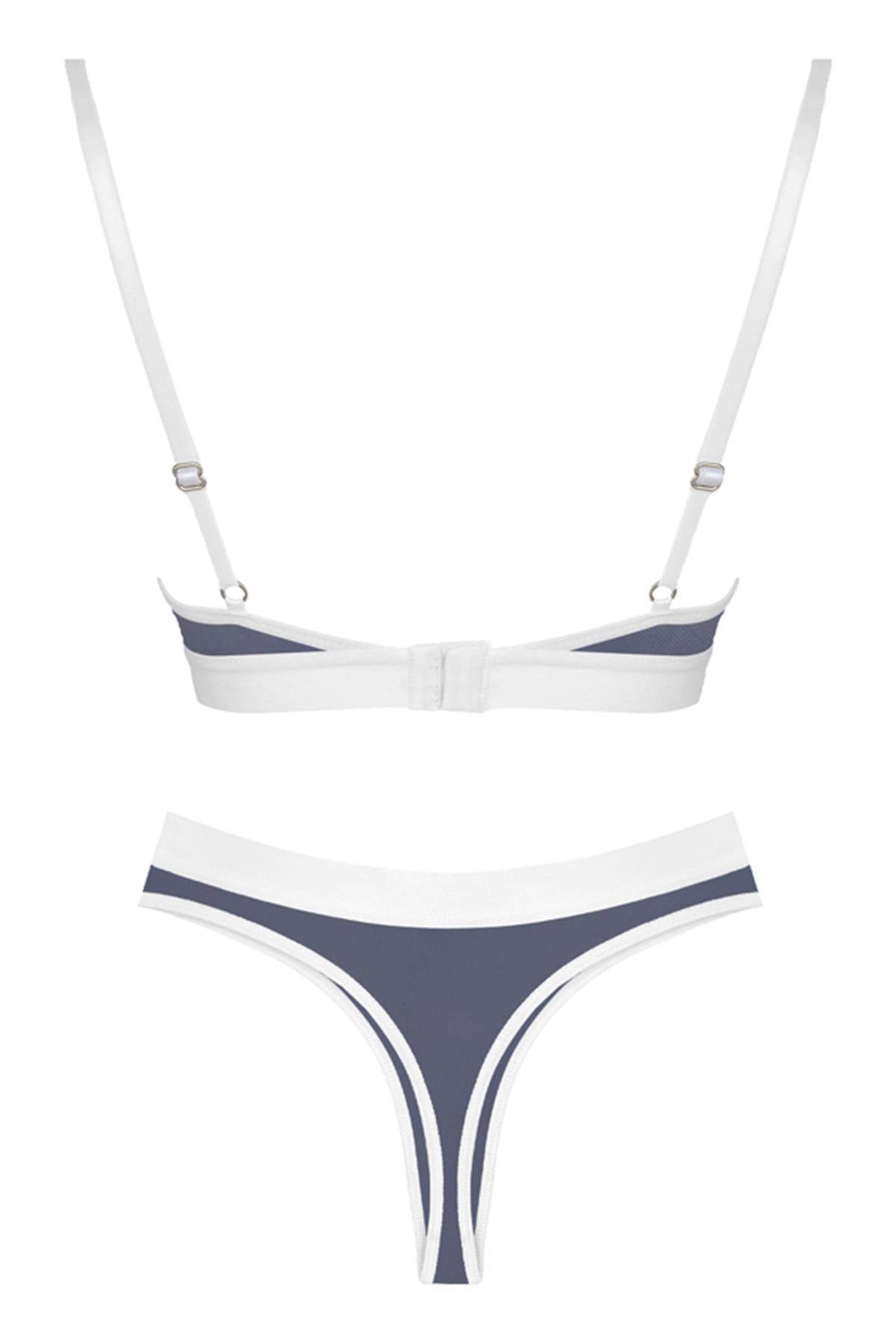 Lacivert Beyaz Lastik Detaylı Transparan Tüllü Ayarlanabilir Askılı Kadın Sütyen Takımı