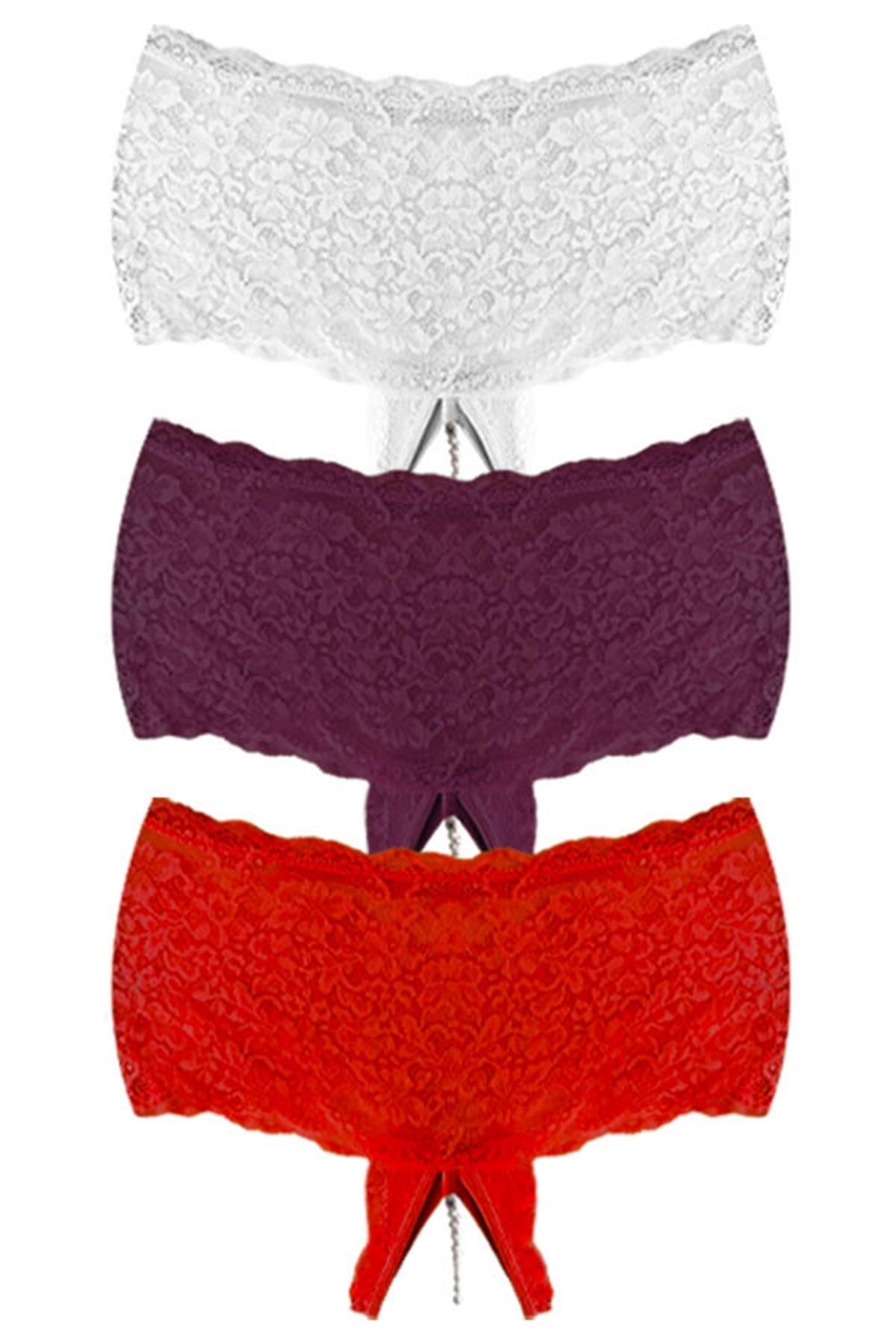Dantelli Boncuk Detaylı Özel Bölgesi Açık Büyük Beden Kadın Tanga Külot 3lü Paket