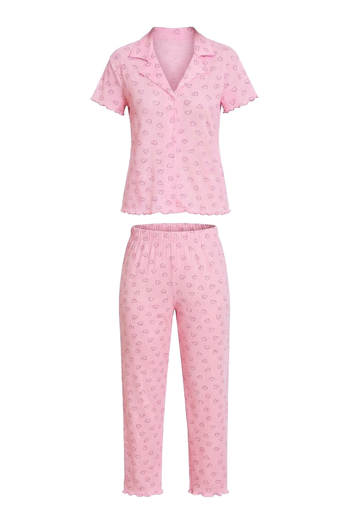 Pudra Kalp Desenli Pointel Gömlek Yaka Kadın Pijama Takımı