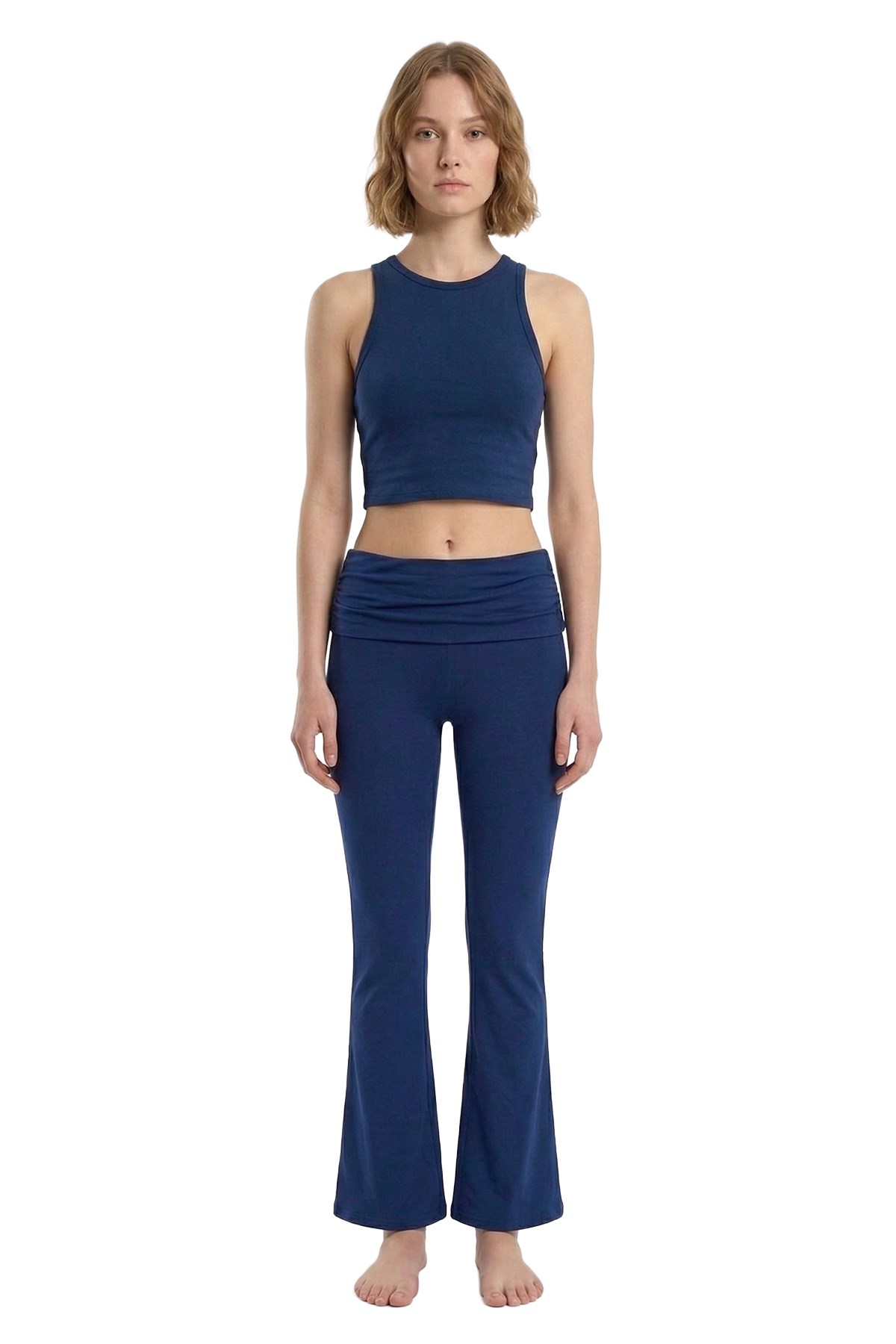 Lacivert Viskon Bisiklet Yaka Kolsuz Kadın Crop Atlet