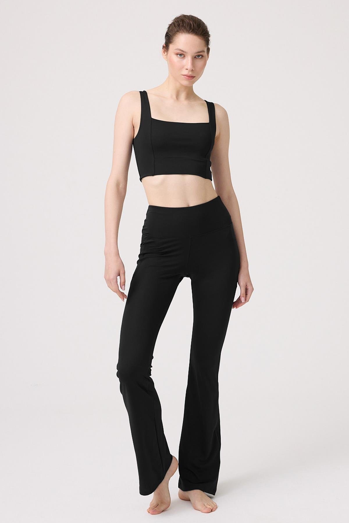 Siyah Şardonlu Yüksek Bel İspanyol Paça Kadın Tayt