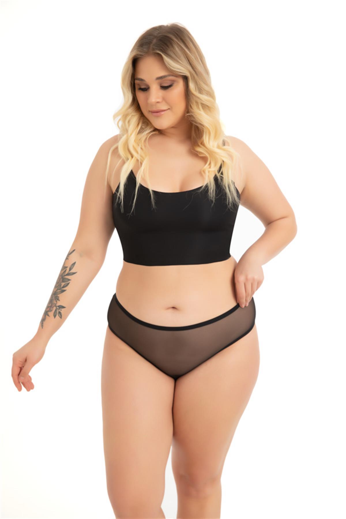 Transparan Tüllü Dantel ve Taş Detaylı Özel Bölgesi Açık Büyük Beden Kadın Tanga Külot 5li Paket