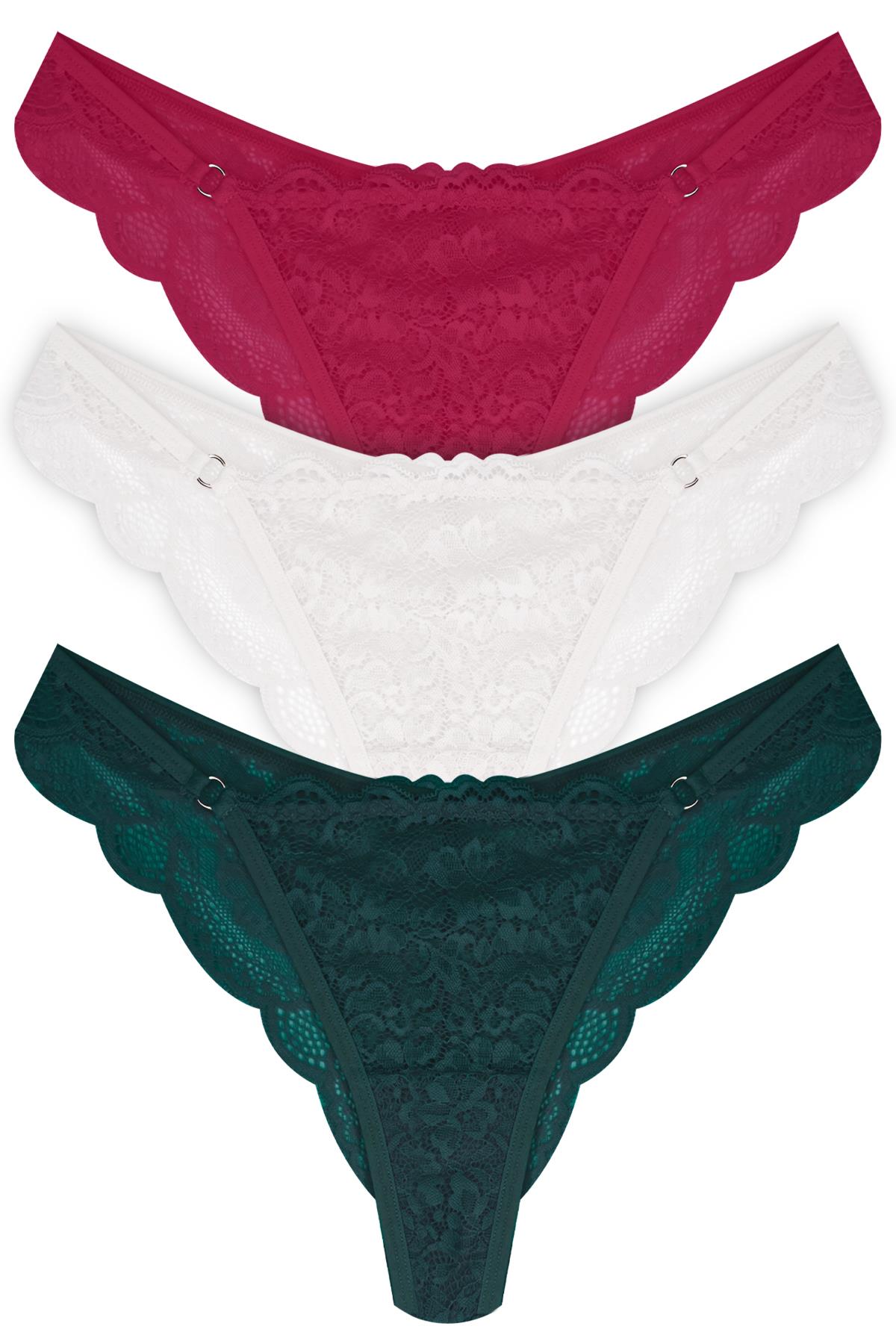 Dantelli ve Halka Detaylı Kadın Brezilya Külot 3lü Paket
