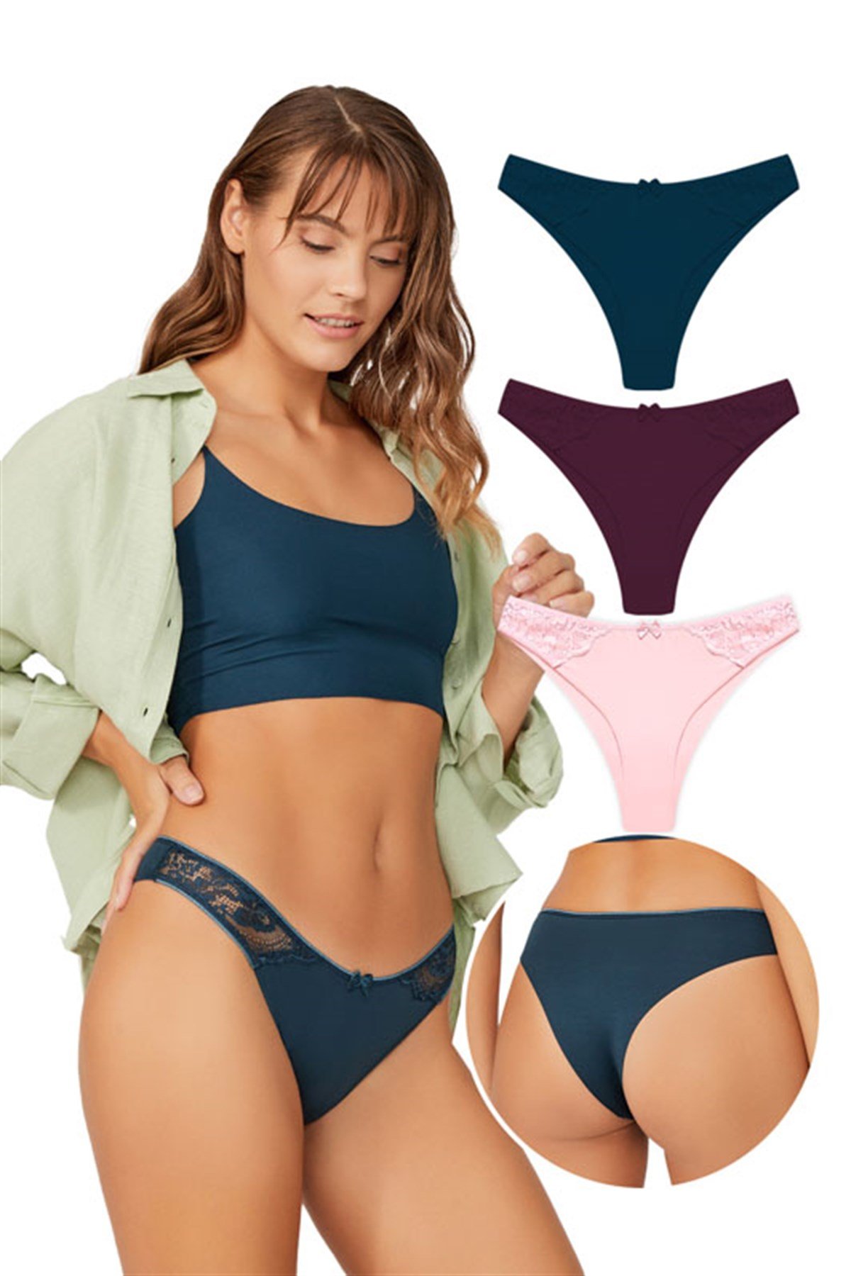 Basic Lazer Kesim Dantel Detaylı Brezilya 3lü Paket Külot - 2