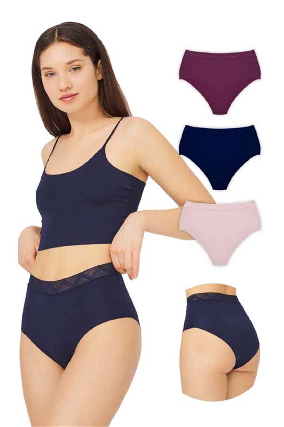 Basic Yüksek Bel Lazer Kesim Bikini Külot 3lü Paket - 2