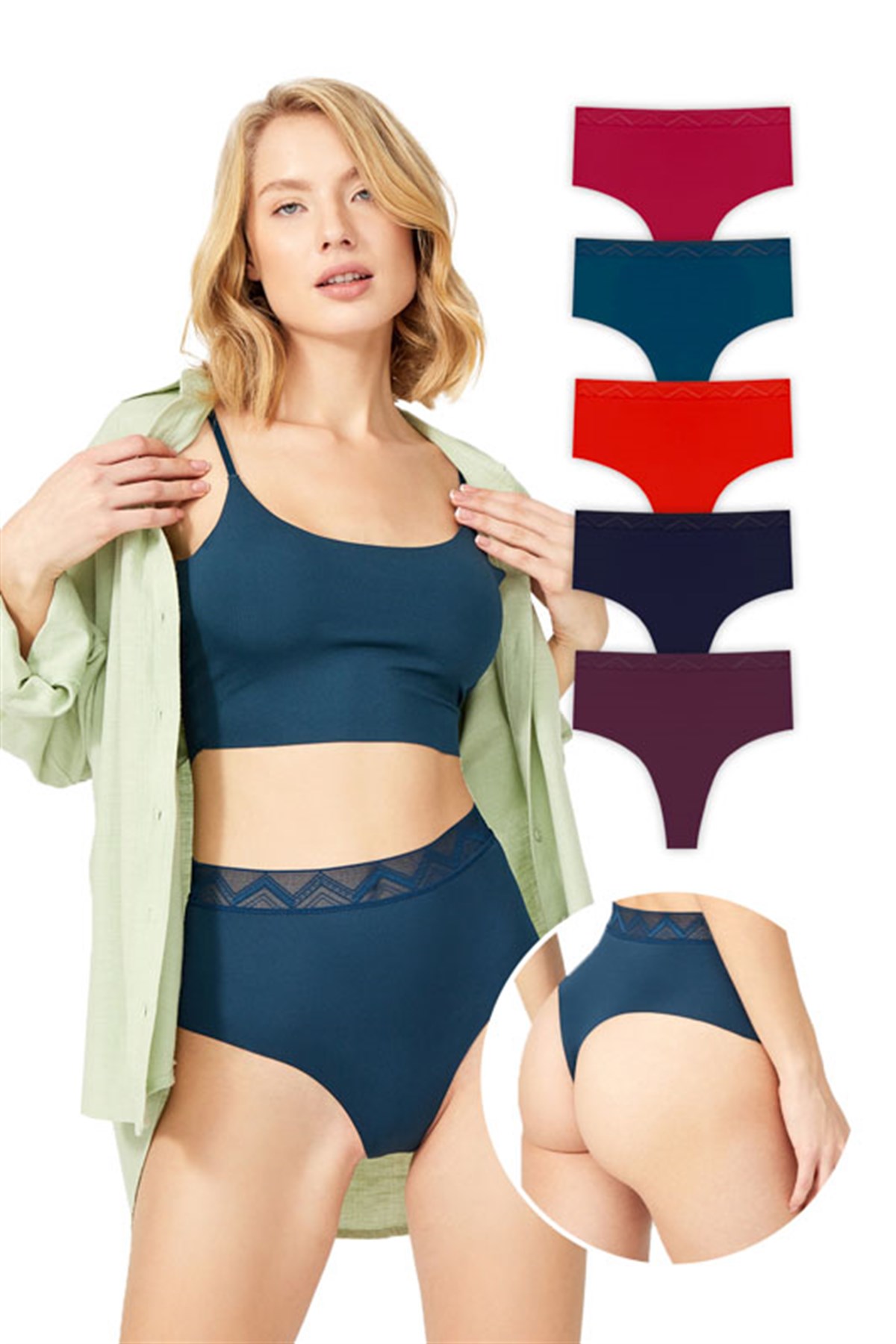 Basic Yüksek Bel Lazer Kesim Tanga Külot 5li Paket