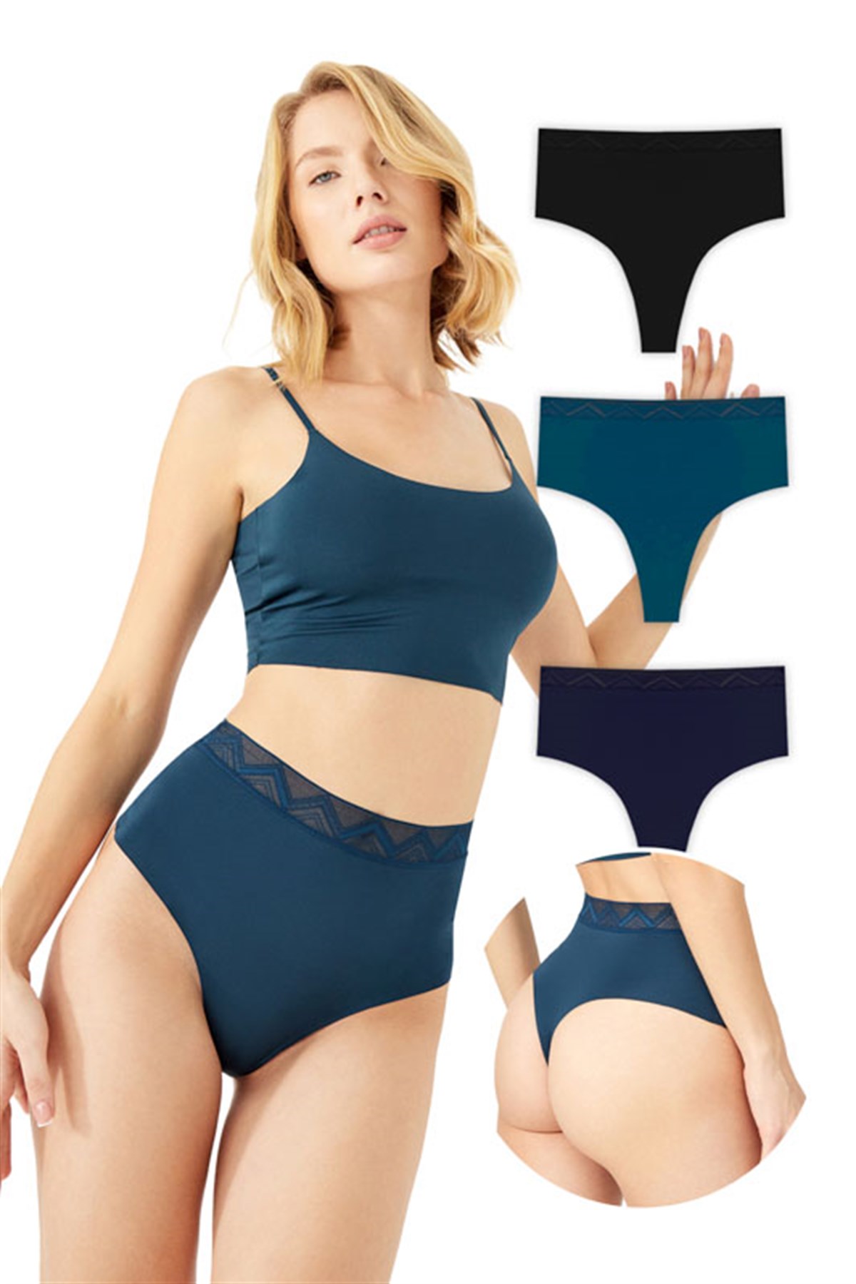 Basic Yüksek Bel Lazer Kesim Tanga Külot 3lü Paket - 2