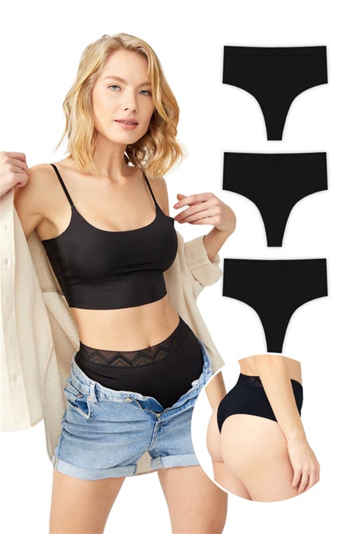 Basic Yüksek Bel Lazer Kesim Tanga Külot 3lü Paket - 4