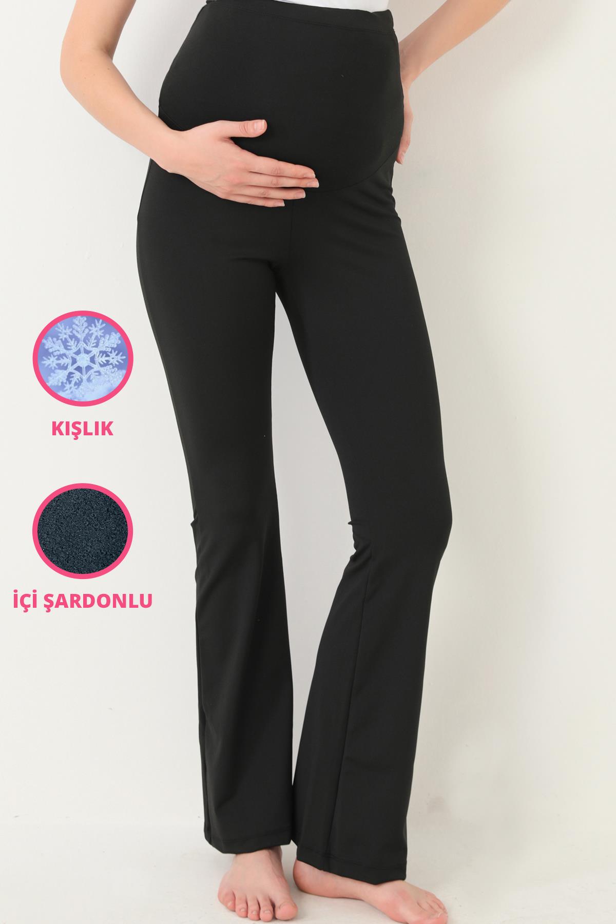 Siyah Şardonlu Beli Ayarlanabilir Yüksek Bel Hamile İspanyol Paça Kadın Tayt