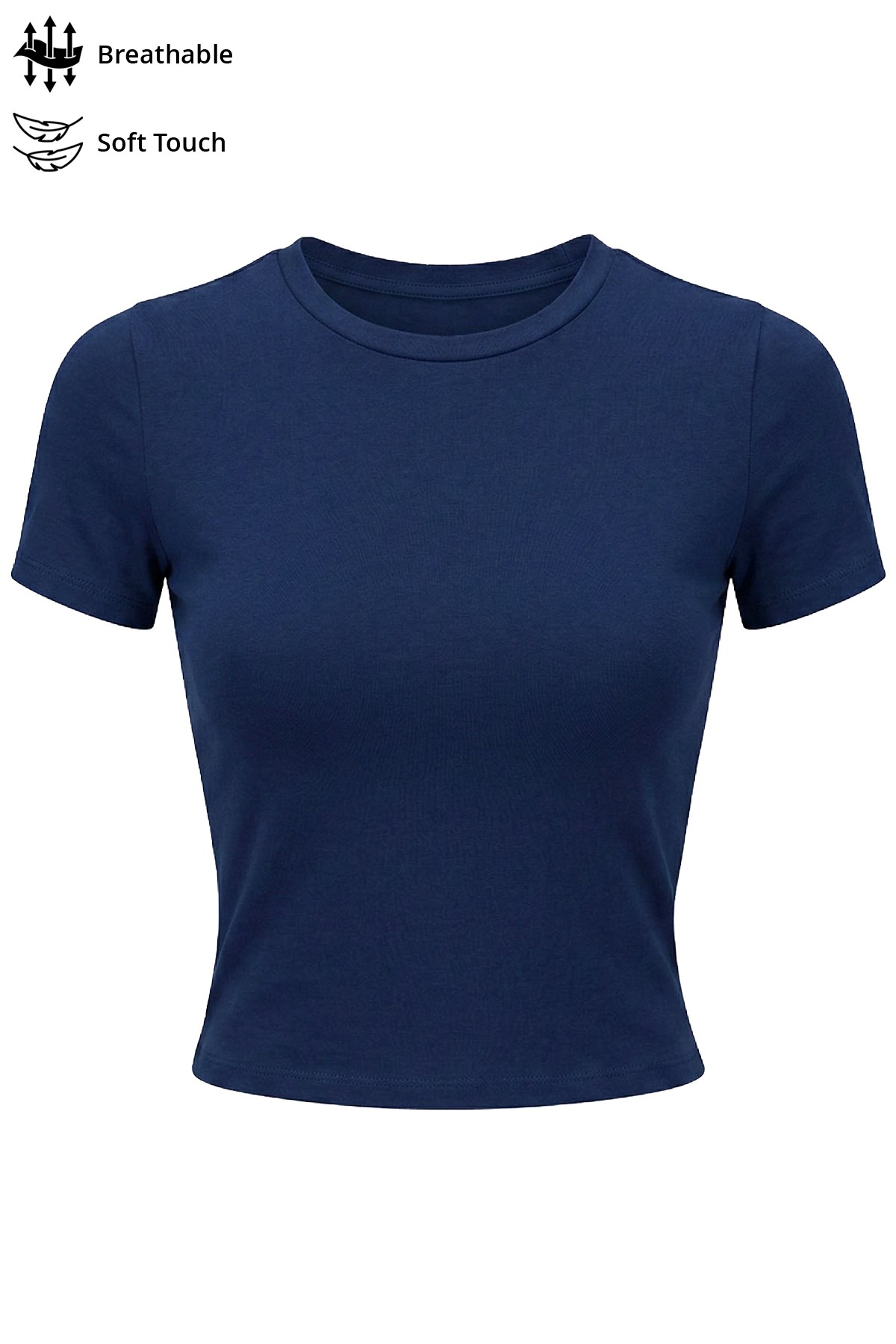 Lacivert Viskon Bedene Oturan Bisiklet Yaka Kısa Kollu Kadın Crop Tişört