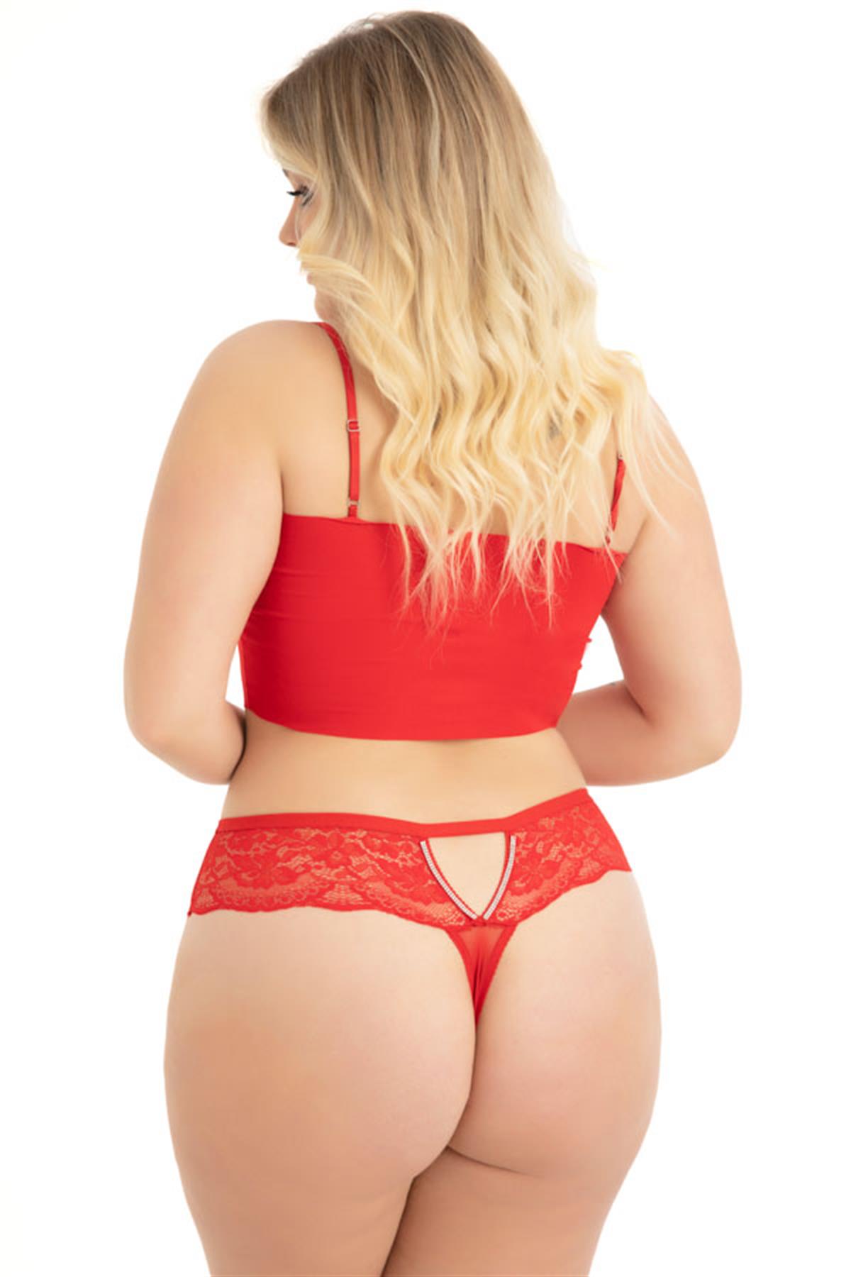 Transparan Tüllü Dantel ve Taş Detaylı Büyük Beden Kadın Tanga Külot 3lü Paket