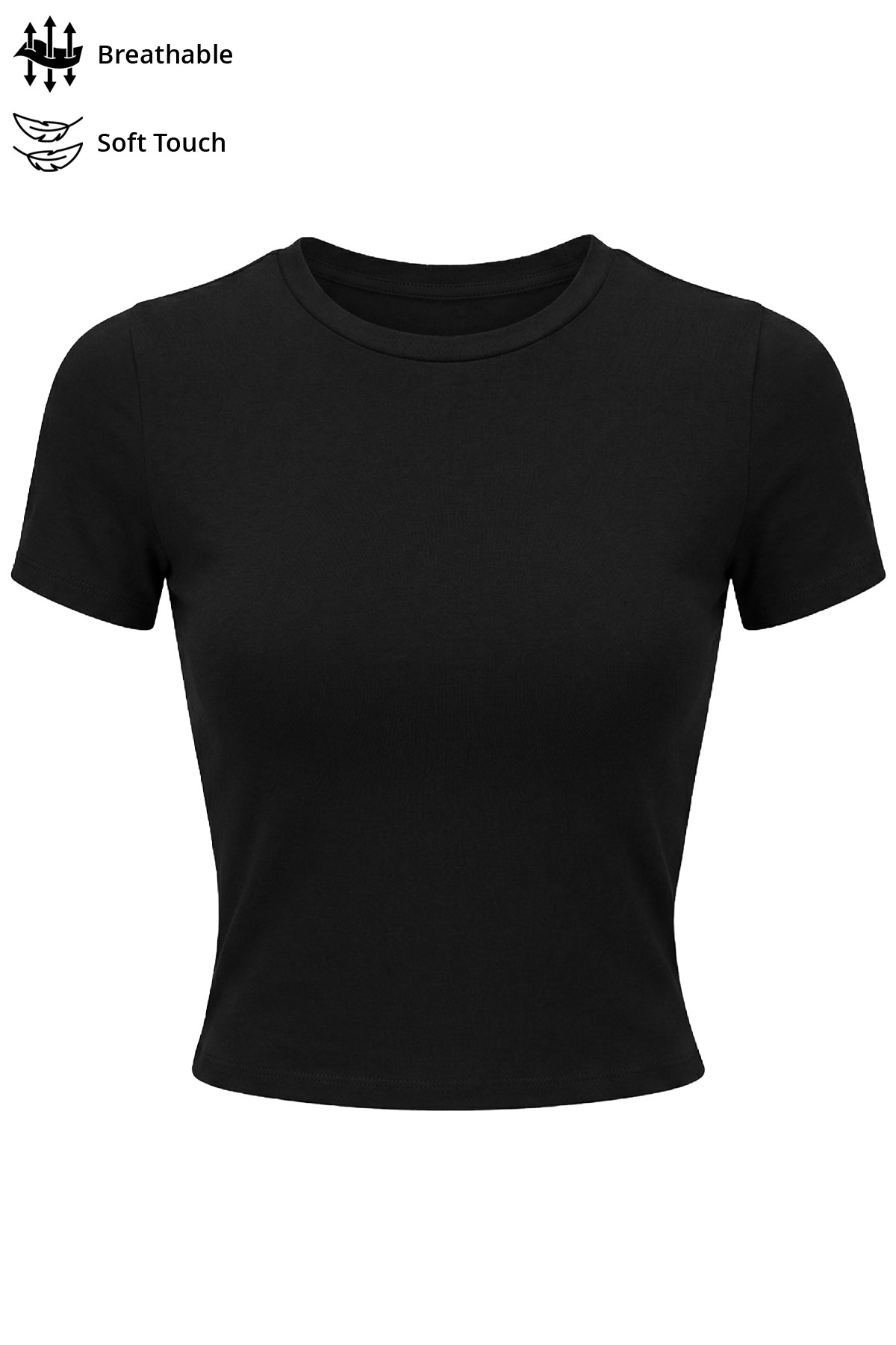 Siyah Viskon Bedene Oturan Bisiklet Yaka Kısa Kollu Kadın Crop Tişört