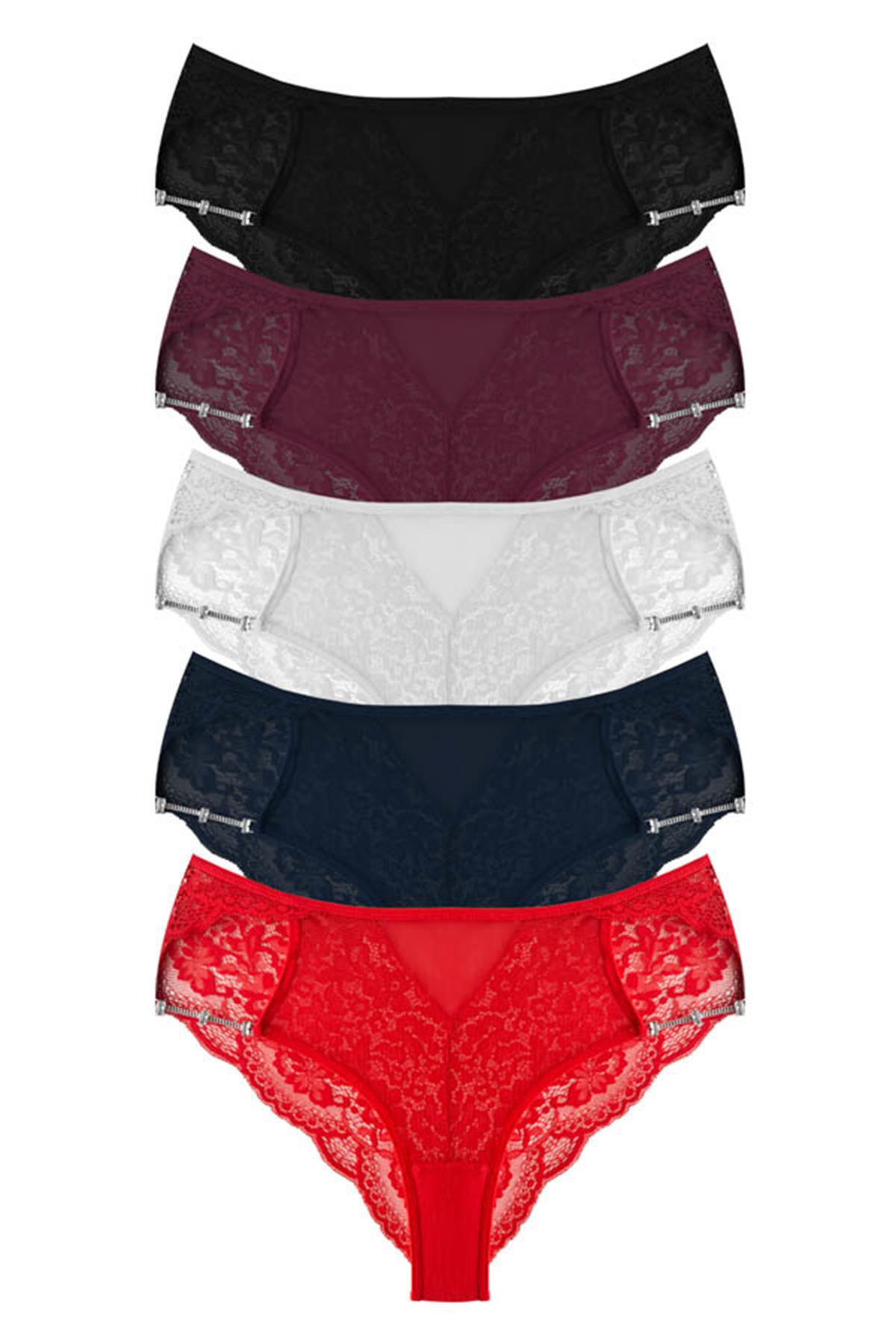 Transparan Tüllü Dantel ve Zincir Detaylı Büyük Beden Kadın Bikini Külot 5li Paket