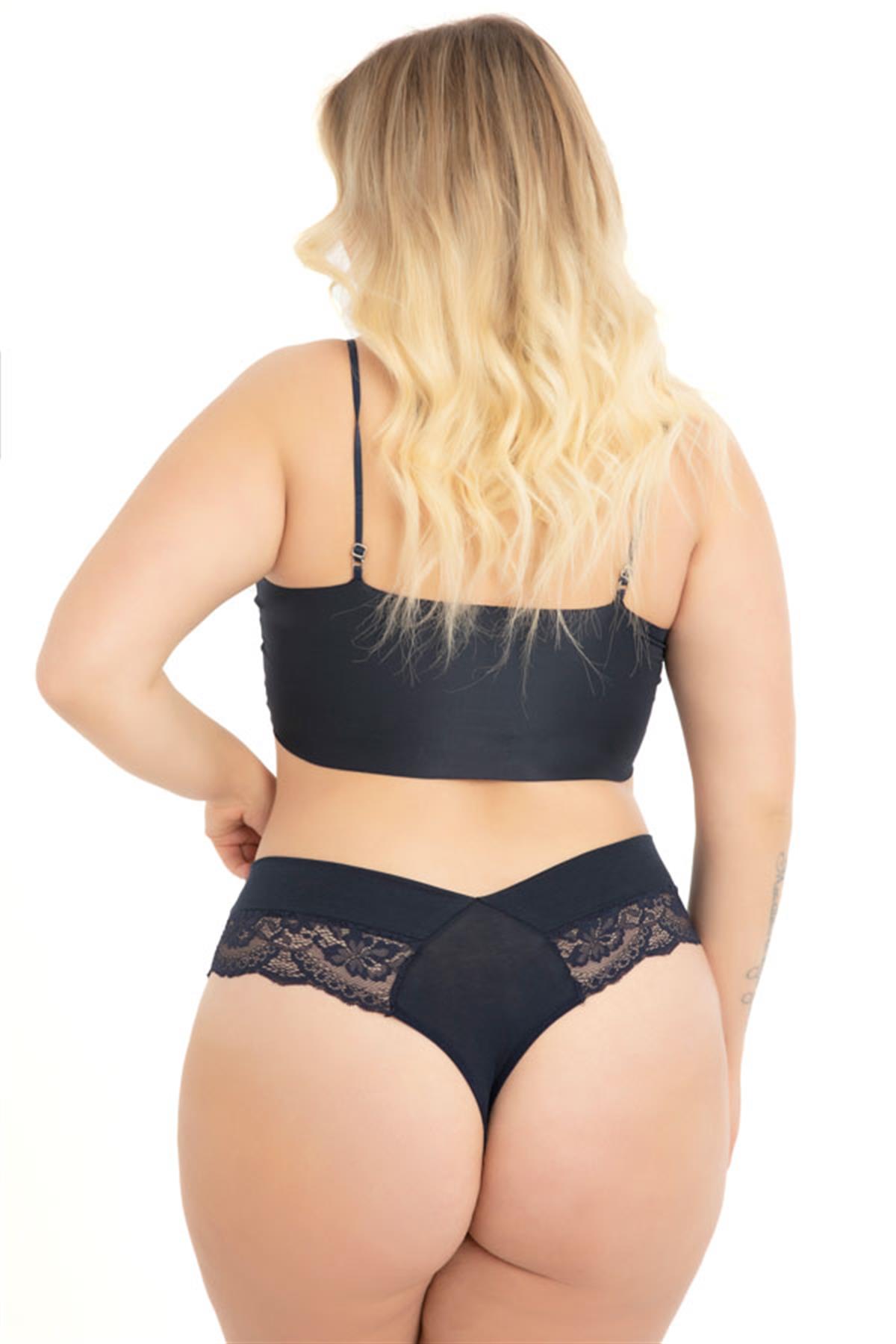 Dantel ve Lastik Detaylı Büyük Beden Kadın Tanga Külot 3lü Paket