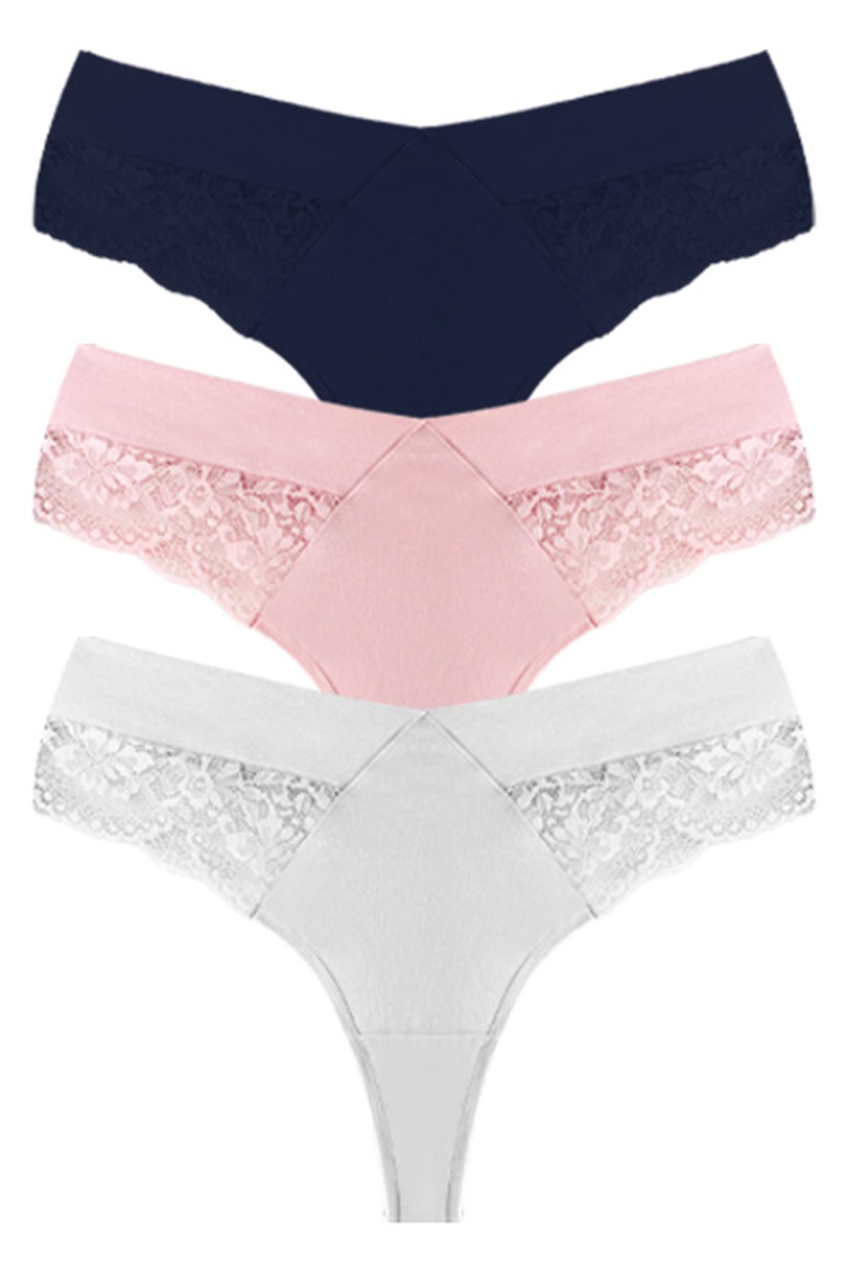 Dantel ve Lastik Detaylı Büyük Beden Kadın Tanga Külot 3lü Paket