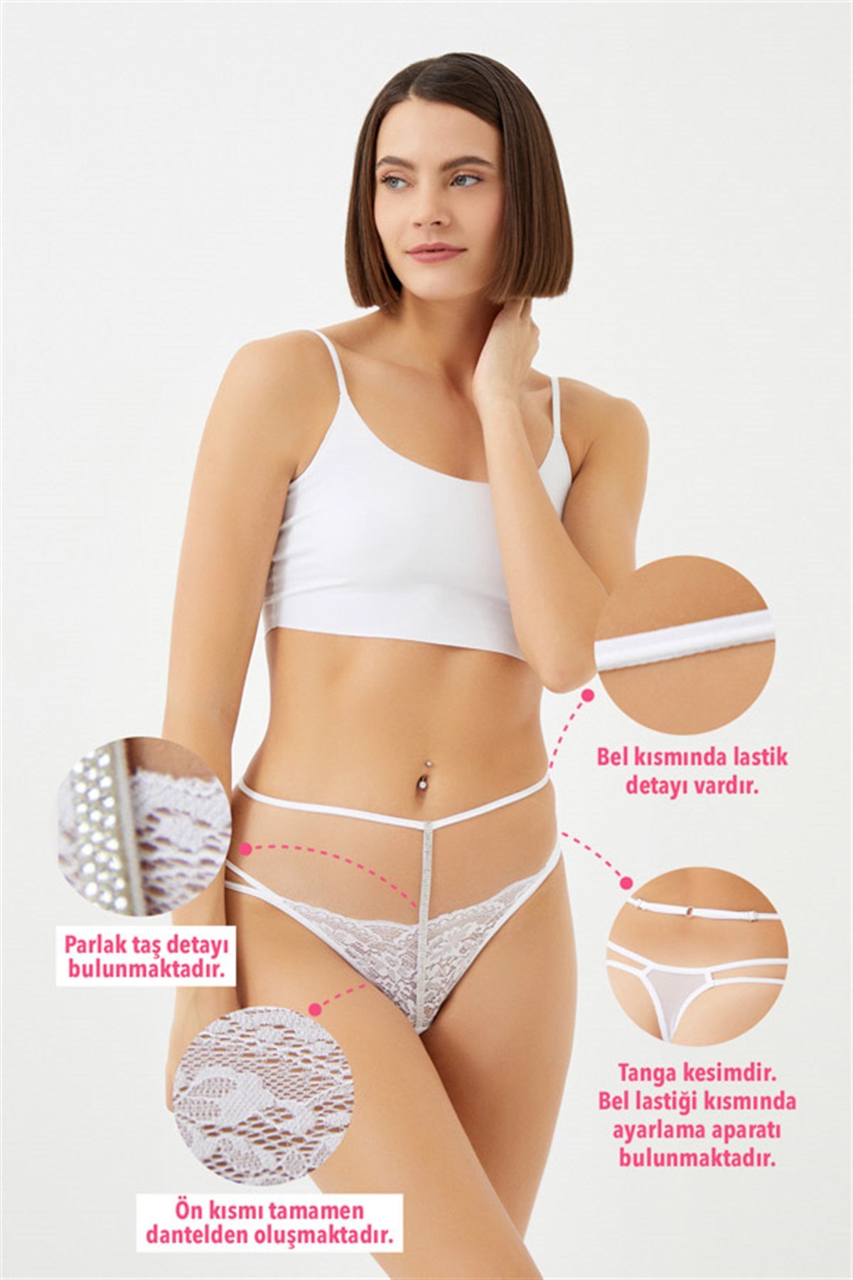Beyaz Dantelli Taş Detaylı Ayarlanabilir Lastikli Kadın Tanga Külot