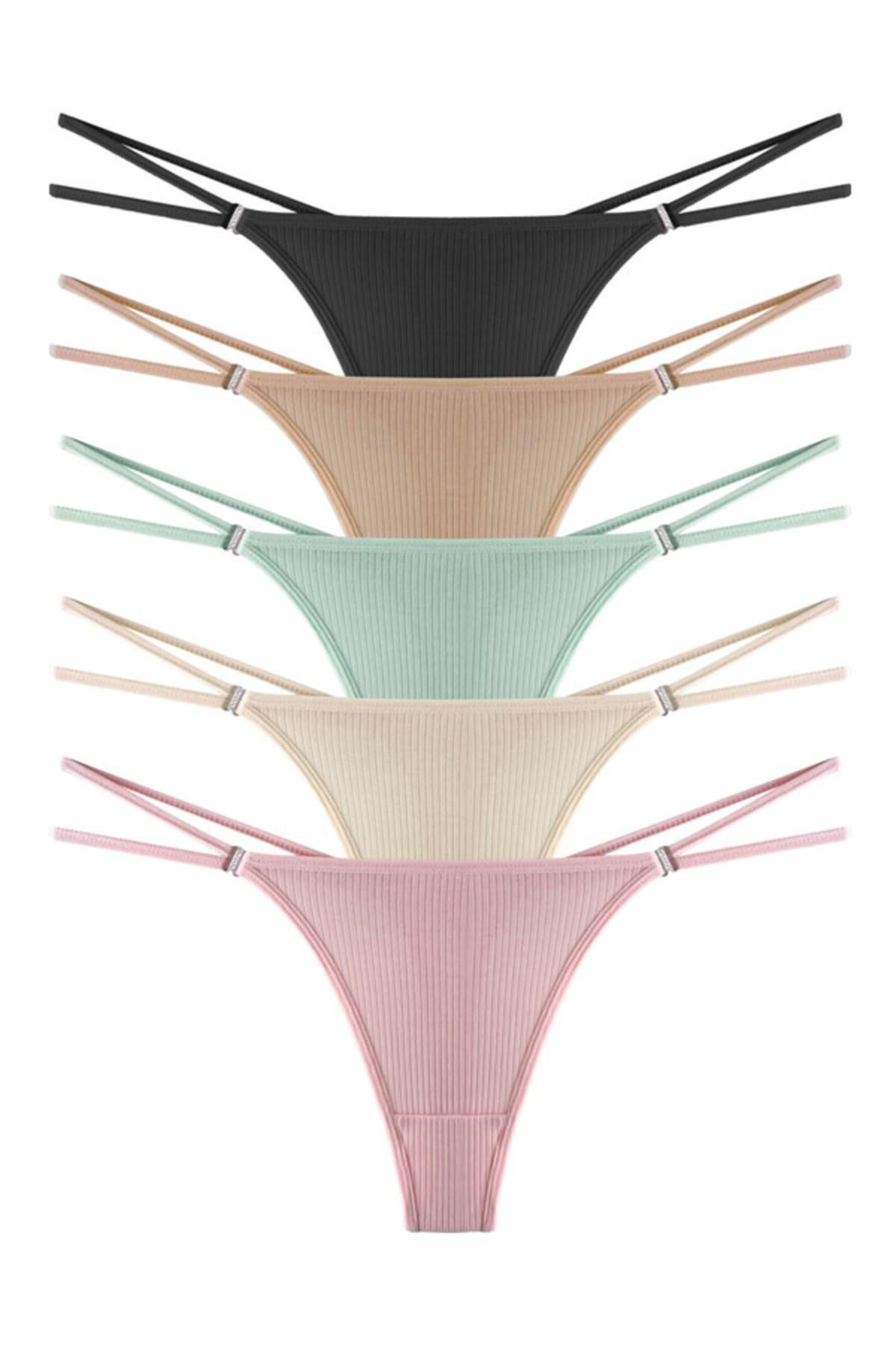Kadın Pamuklu ve Taş Detaylı Likralı Fitilli Kaşkorse Tanga Külot 5li Paket