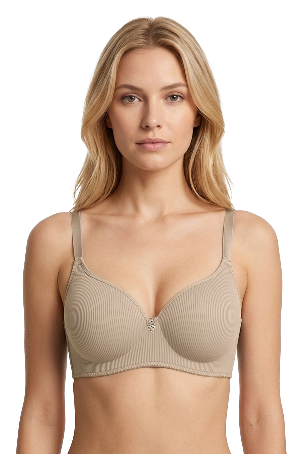 Seamless Bra - Renoa | Bej Rib Dokulu Balensiz Doğal Form Straplez Kadın Sütyen