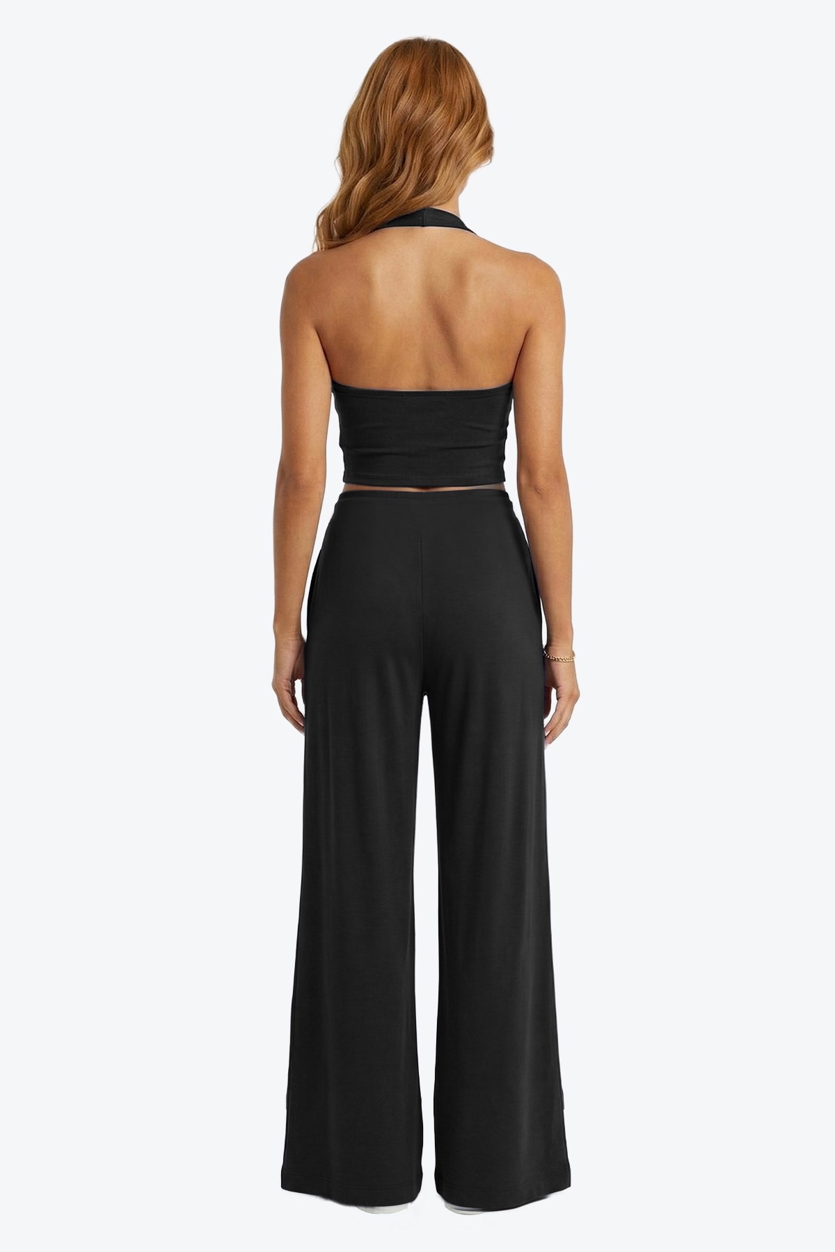 Siyah Viskon Basic Yüksek Bel Bol Paça Bağcıklı Kadın Pantolon