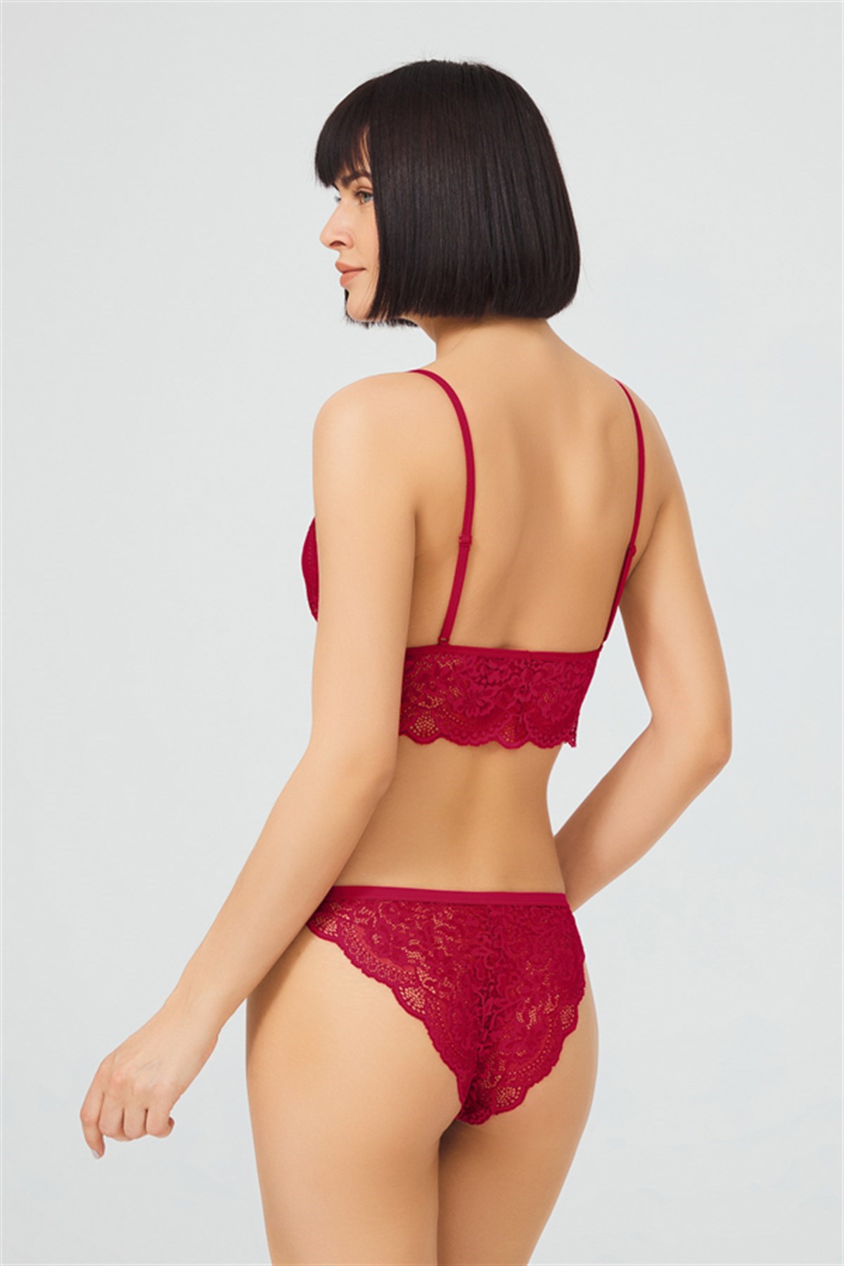 Bordo Dantelli Transparan Balensiz Kadın Sütyen Takımı