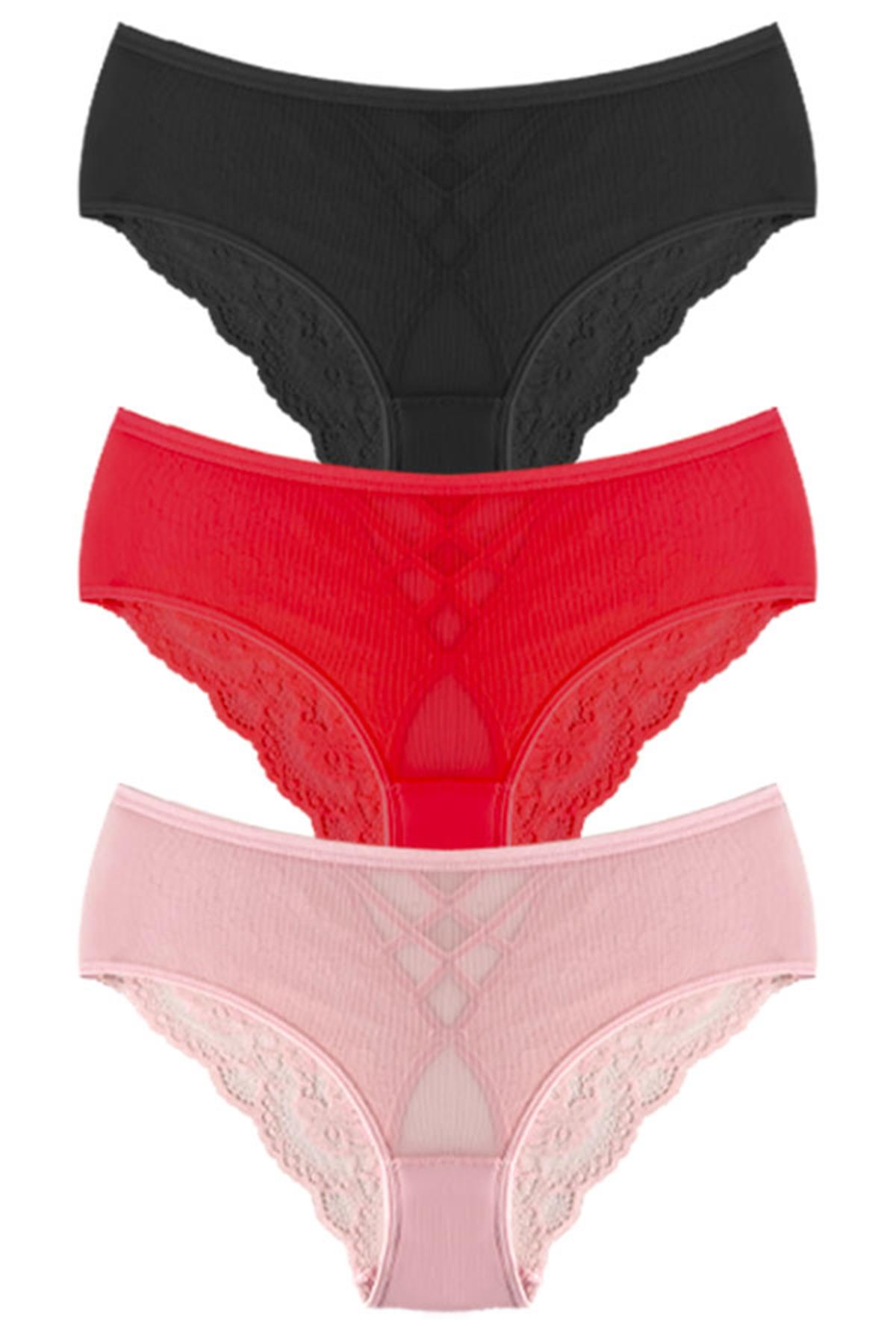 Transparan Tüllü Dantel ve Taş Detaylı Özel Bölgesi Açık Büyük Beden Kadın Tanga Külot 3lü Paket