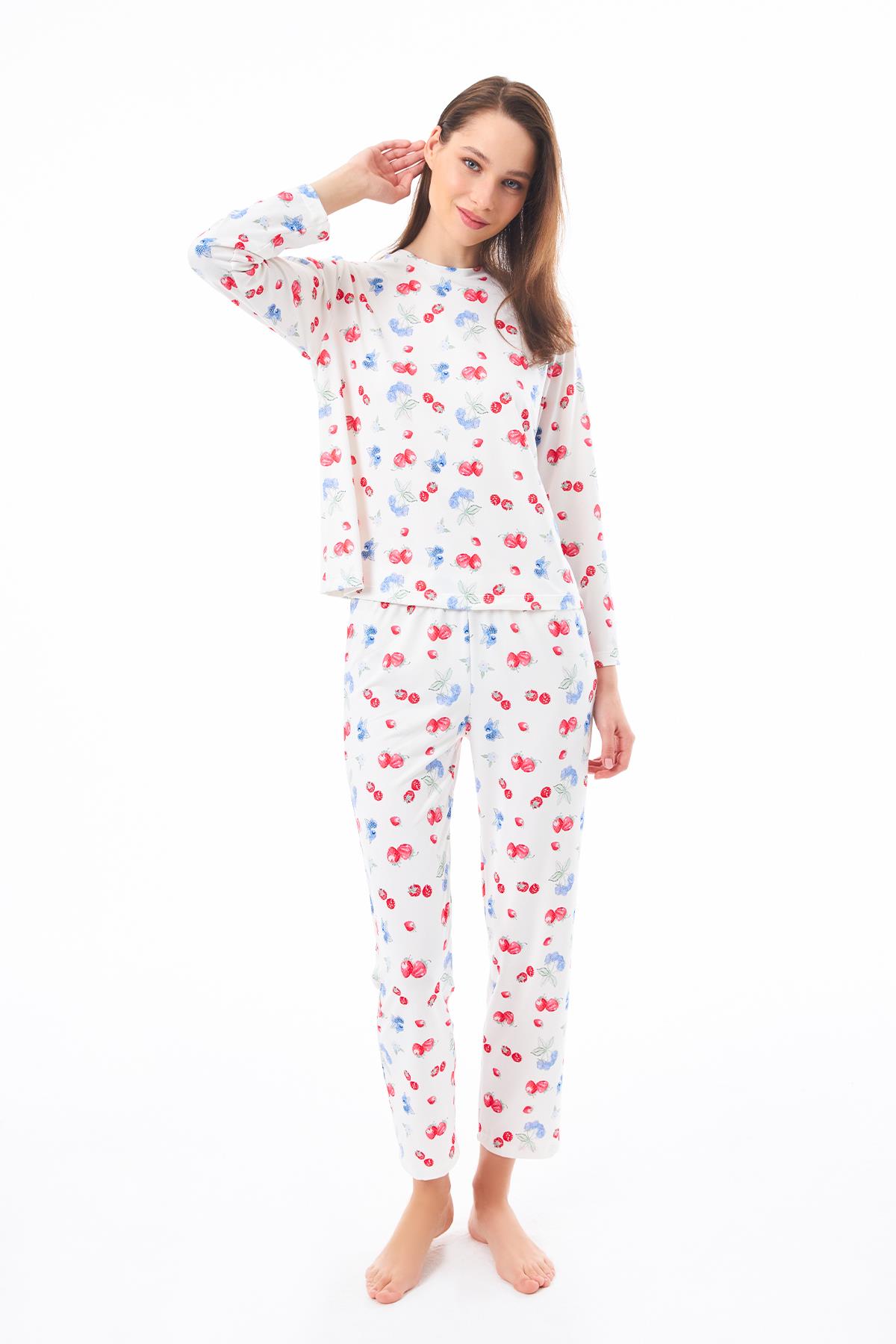 Premium  Kadın Pijama Takımı Meyve Desenli Yumuşak Dokulu Bisiklet Yaka Uzun Kollu