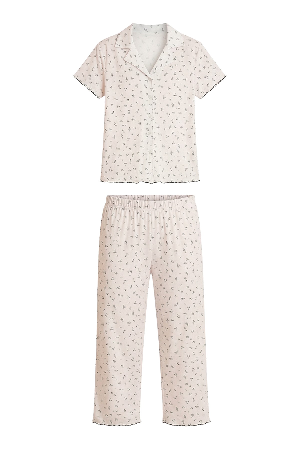 Beyaz Çiçek Desenli Pointel Gömlek Yaka Kadın Pijama Takımı